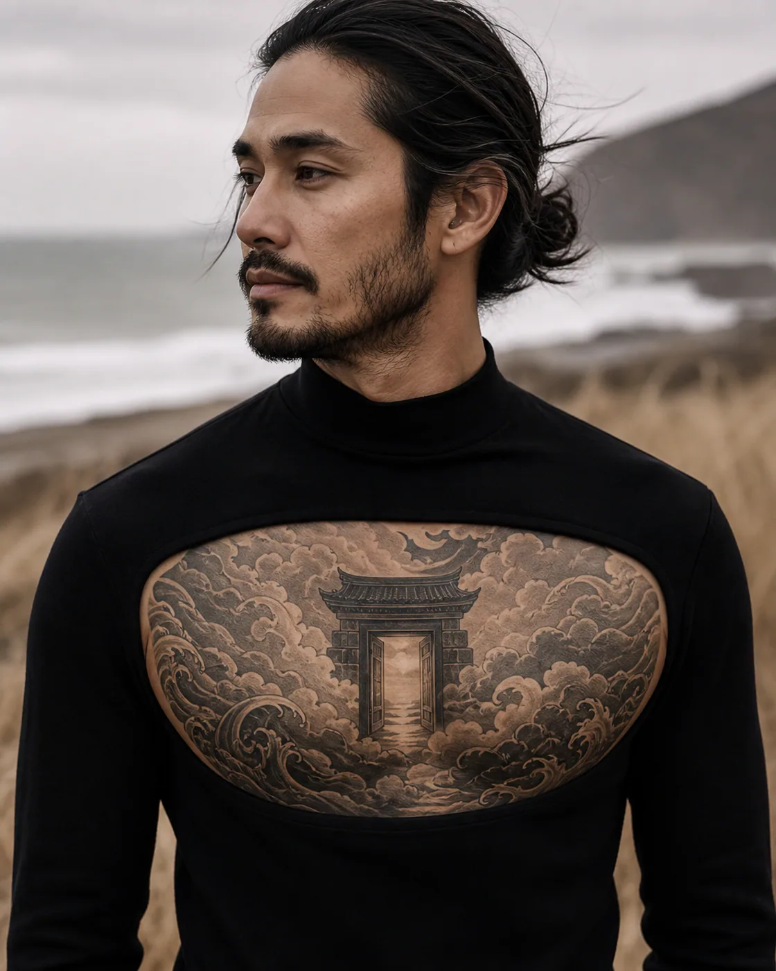 Japanese tattoo of a doorway standing alone inside a field of clouds on the chest