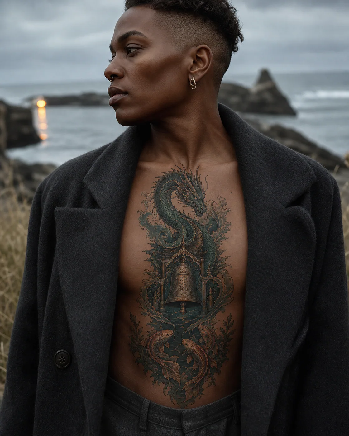 Neo-Traditional tattoo of a sea dragon curling around a submerged temple bell with a three-part family motif on the sternum