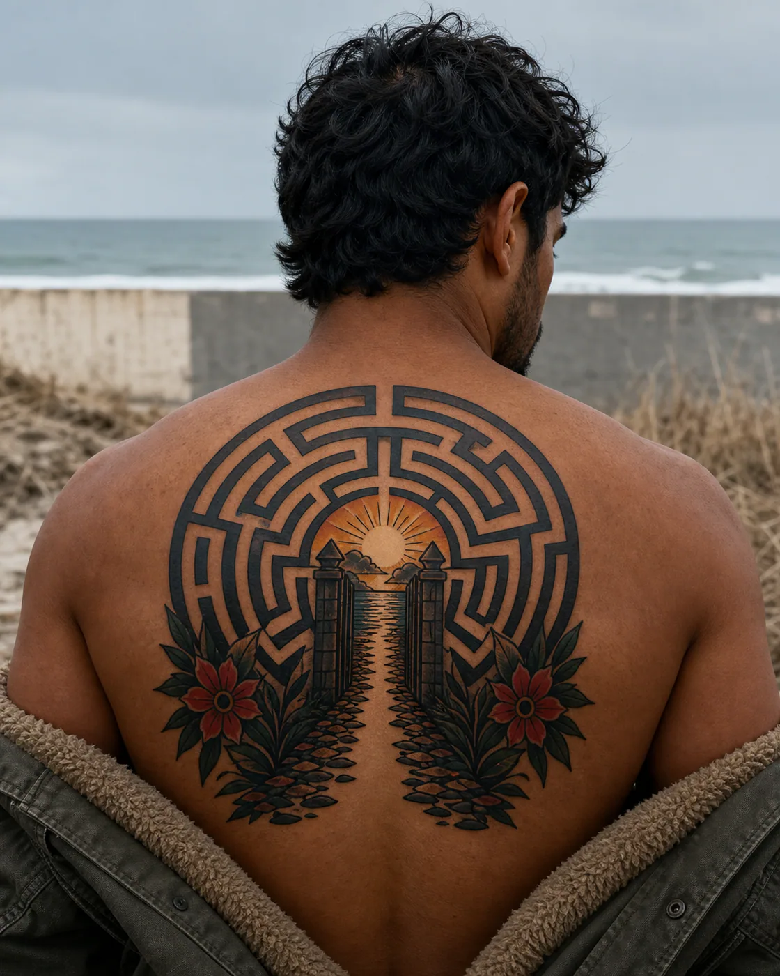 American Traditional tattoo of a maze opening into one direct path toward daylight on the upper back