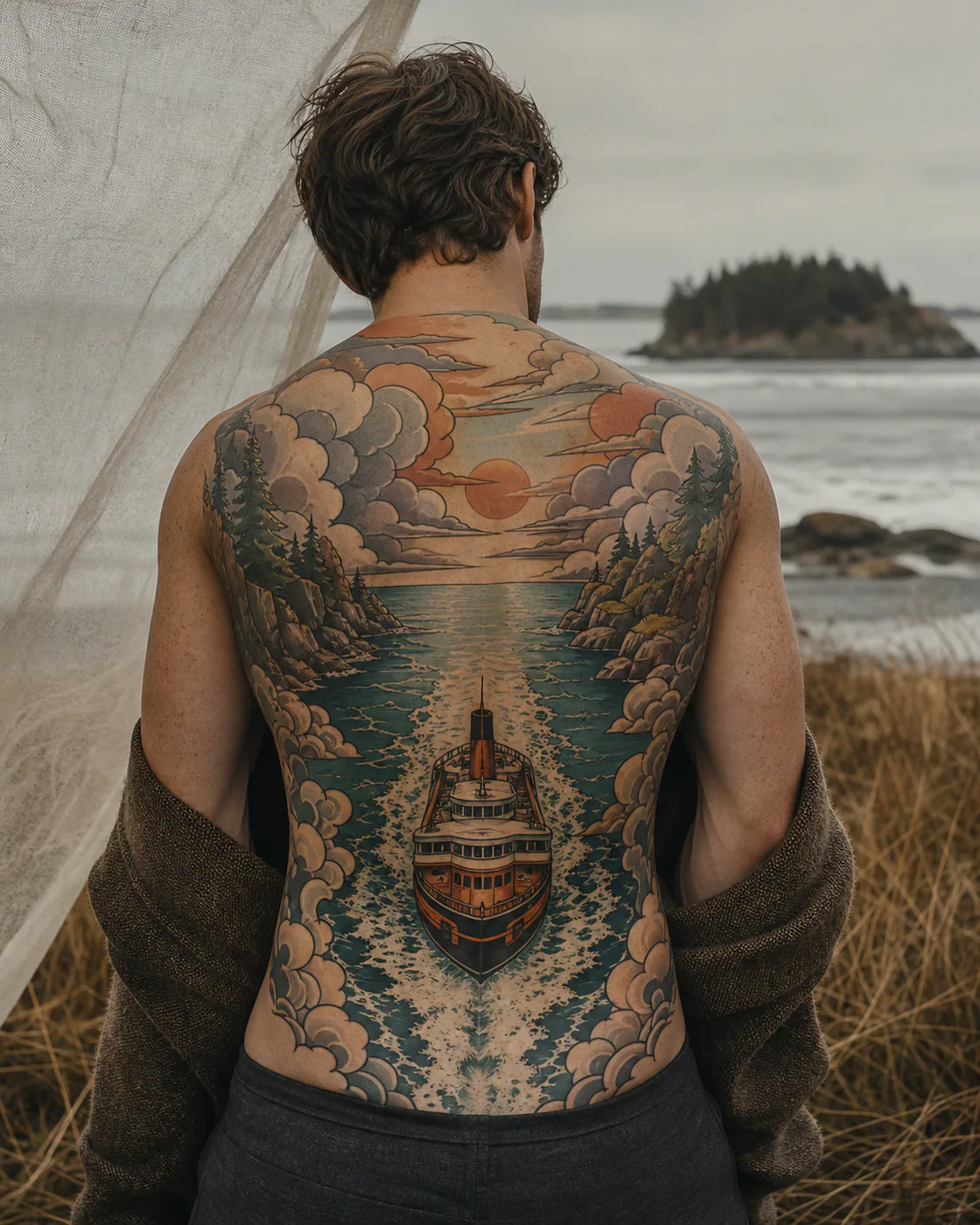 New School tattoo of a ferry wake opening between two quiet islands on the full back