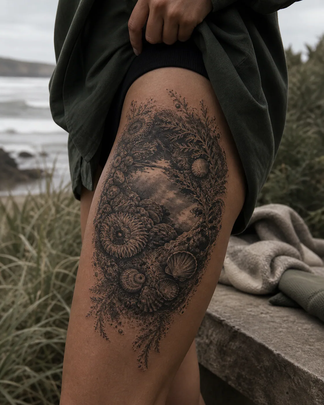 Dotwork tattoo of a tide pool holding anemones, shells, and reflected sky executed as a healed cover-up on the outer thigh