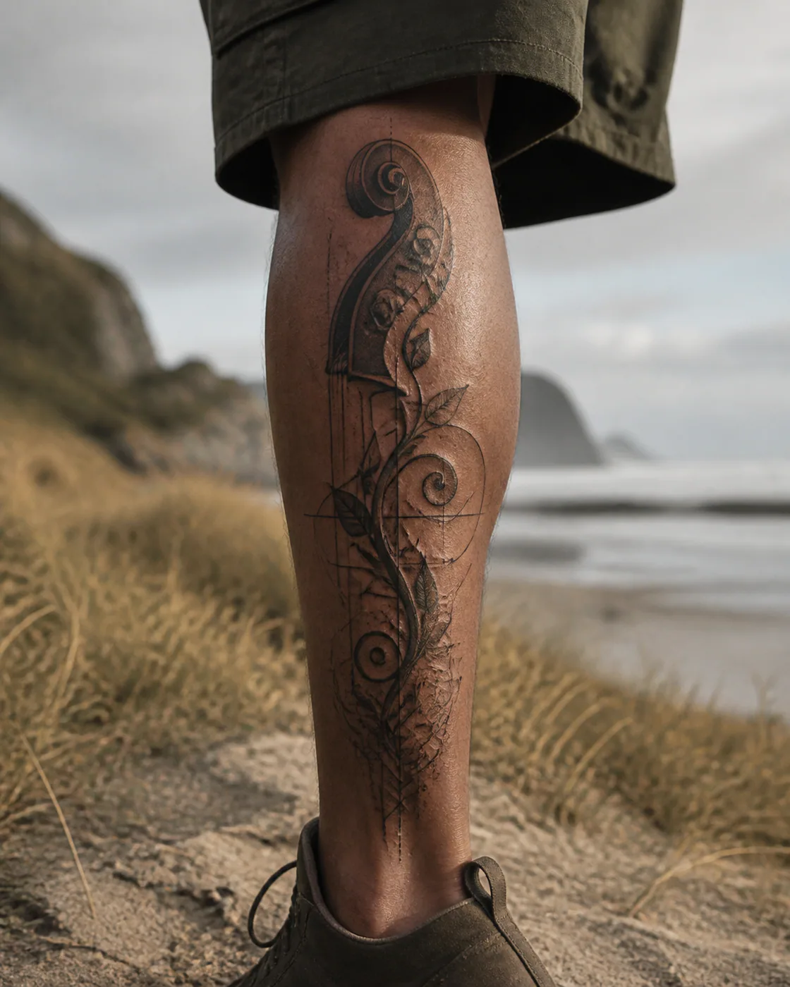 Geometric tattoo of a double bass scroll growing into a curling vine executed as a healed cover-up on the calf
