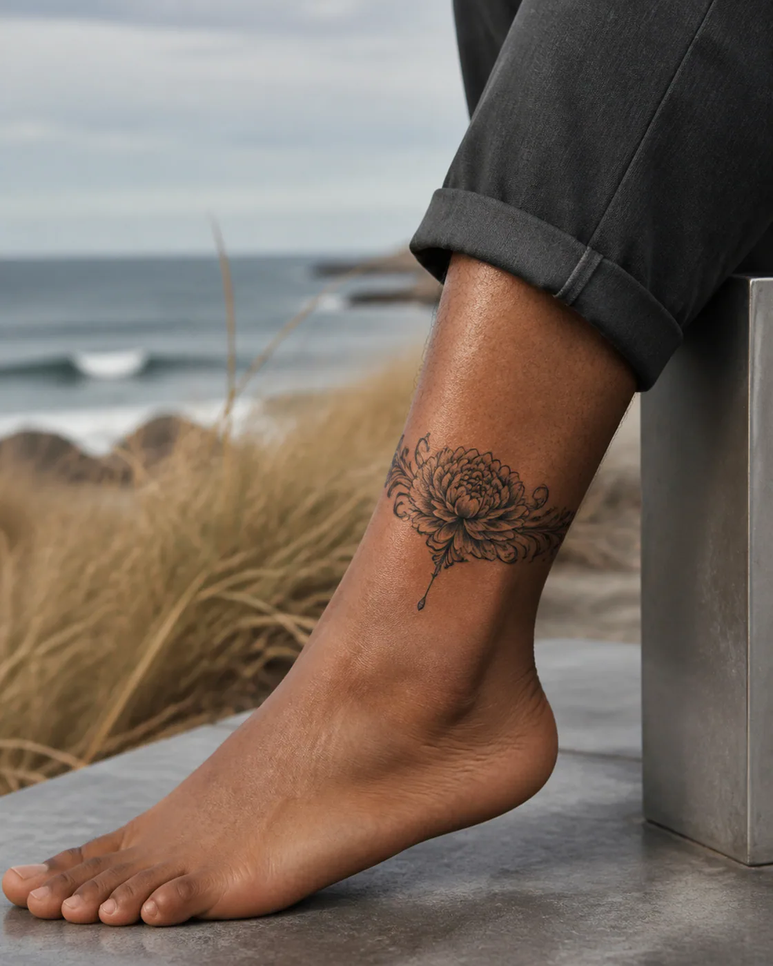 Ornamental tattoo of a chrysanthemum unfurling in layered directional petals on the ankle