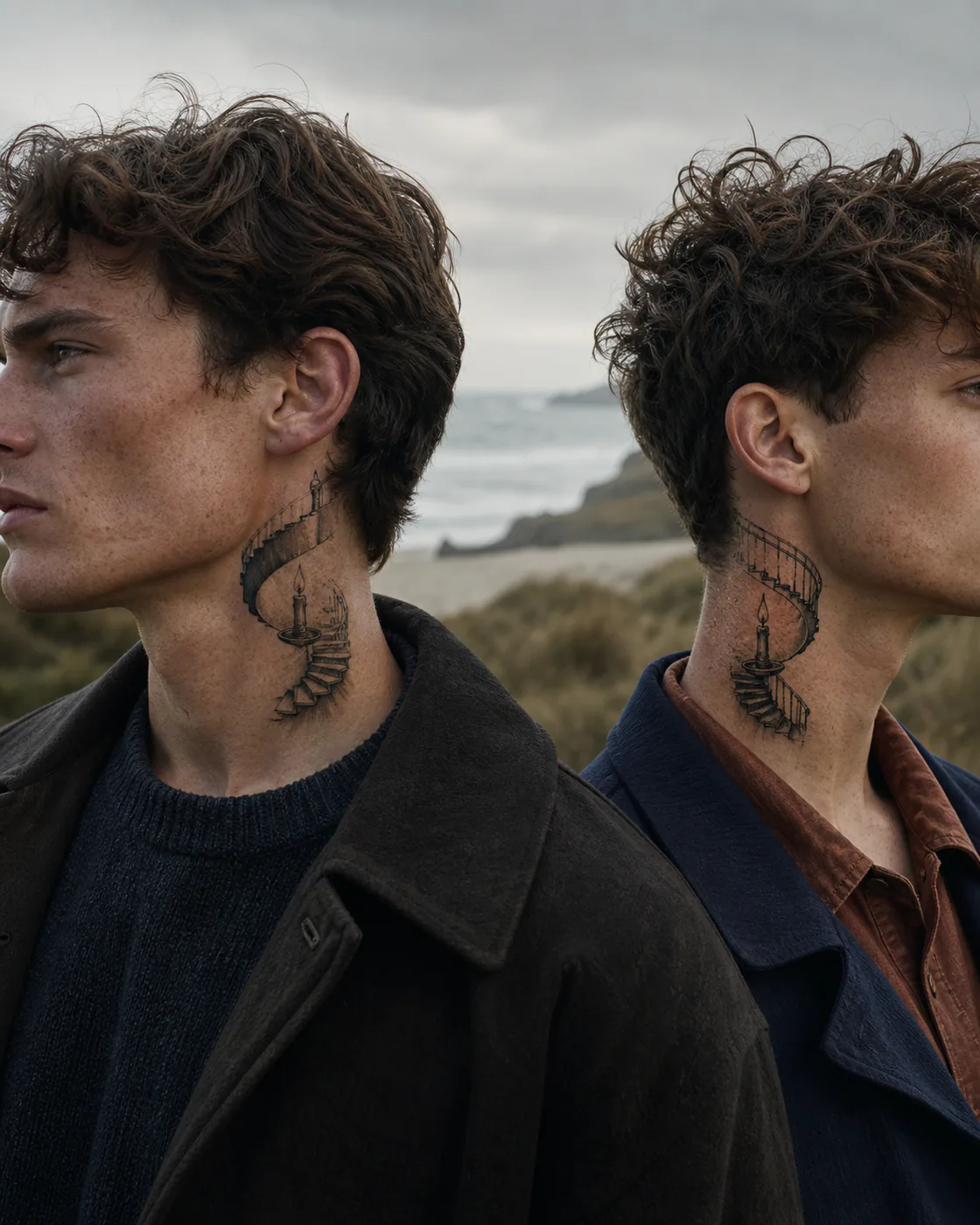 Illustrative tattoo of a spiral stair descending around a solitary candle as a complementary couple tattoo pair on the side of neck