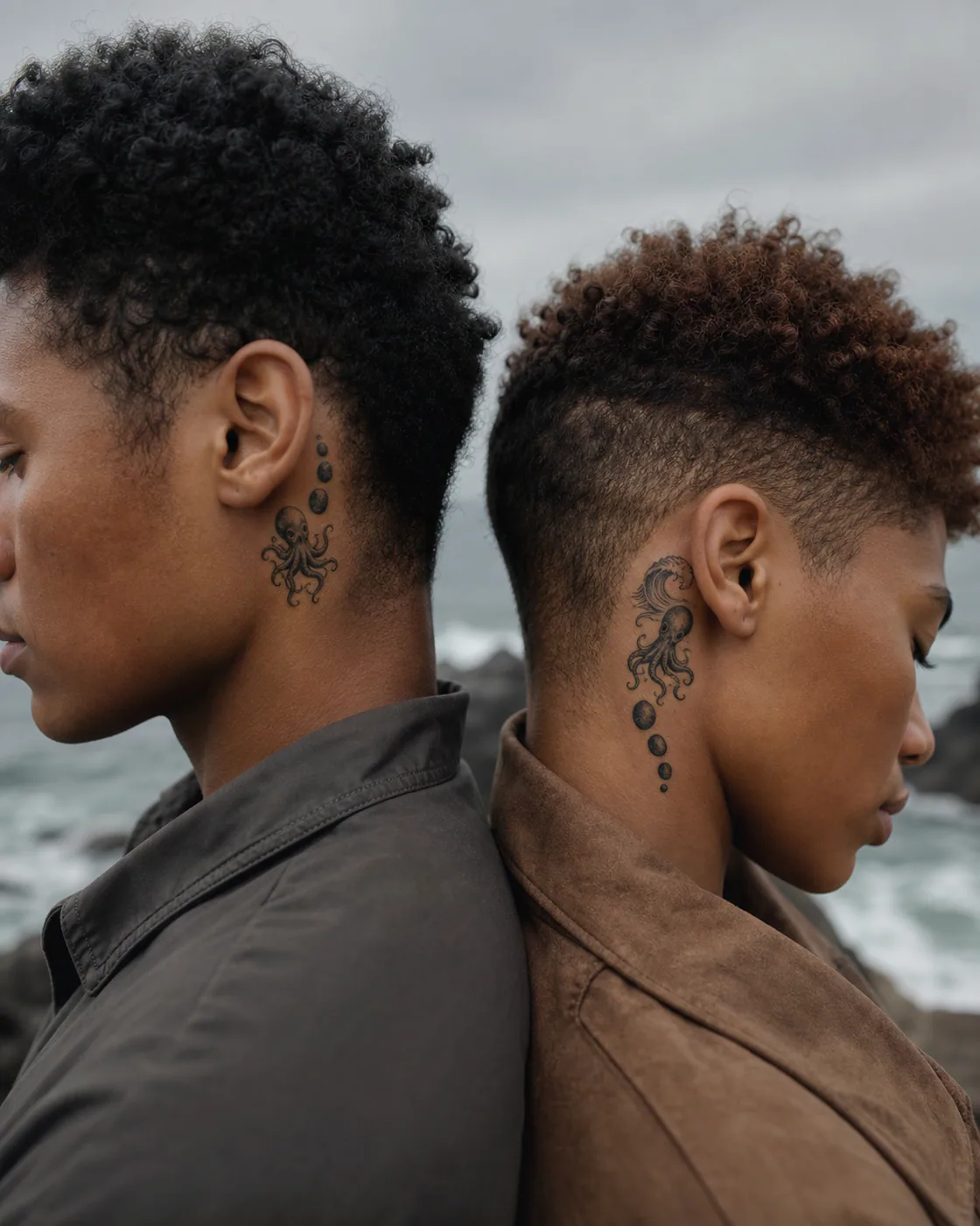 Surrealism tattoo of an octopus juggling smooth pebbles beneath the tide as a complementary couple tattoo pair on the behind the ear