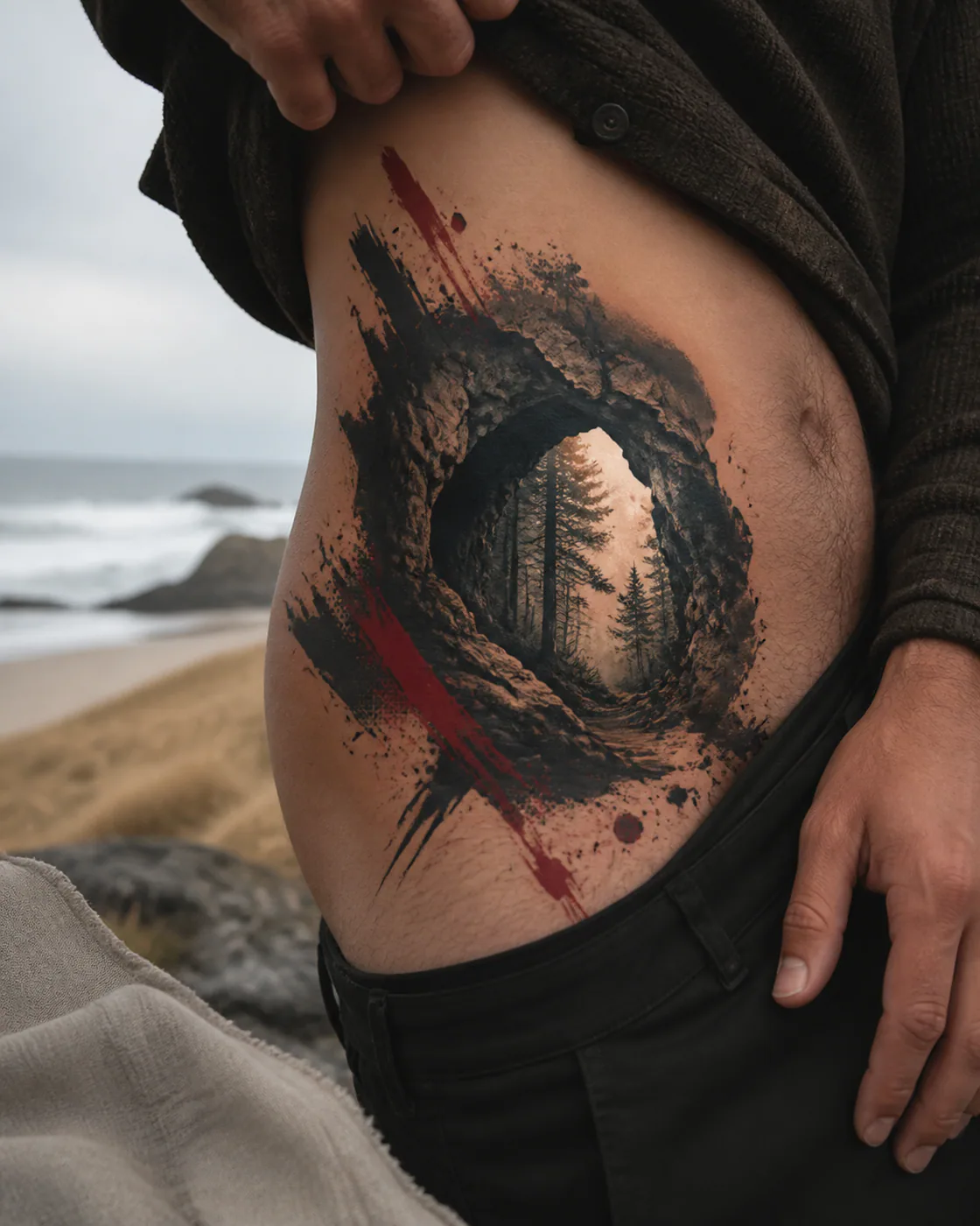 Trash Polka tattoo of a limestone cave mouth framing a sunlit forest beyond executed as a healed cover-up on the hip