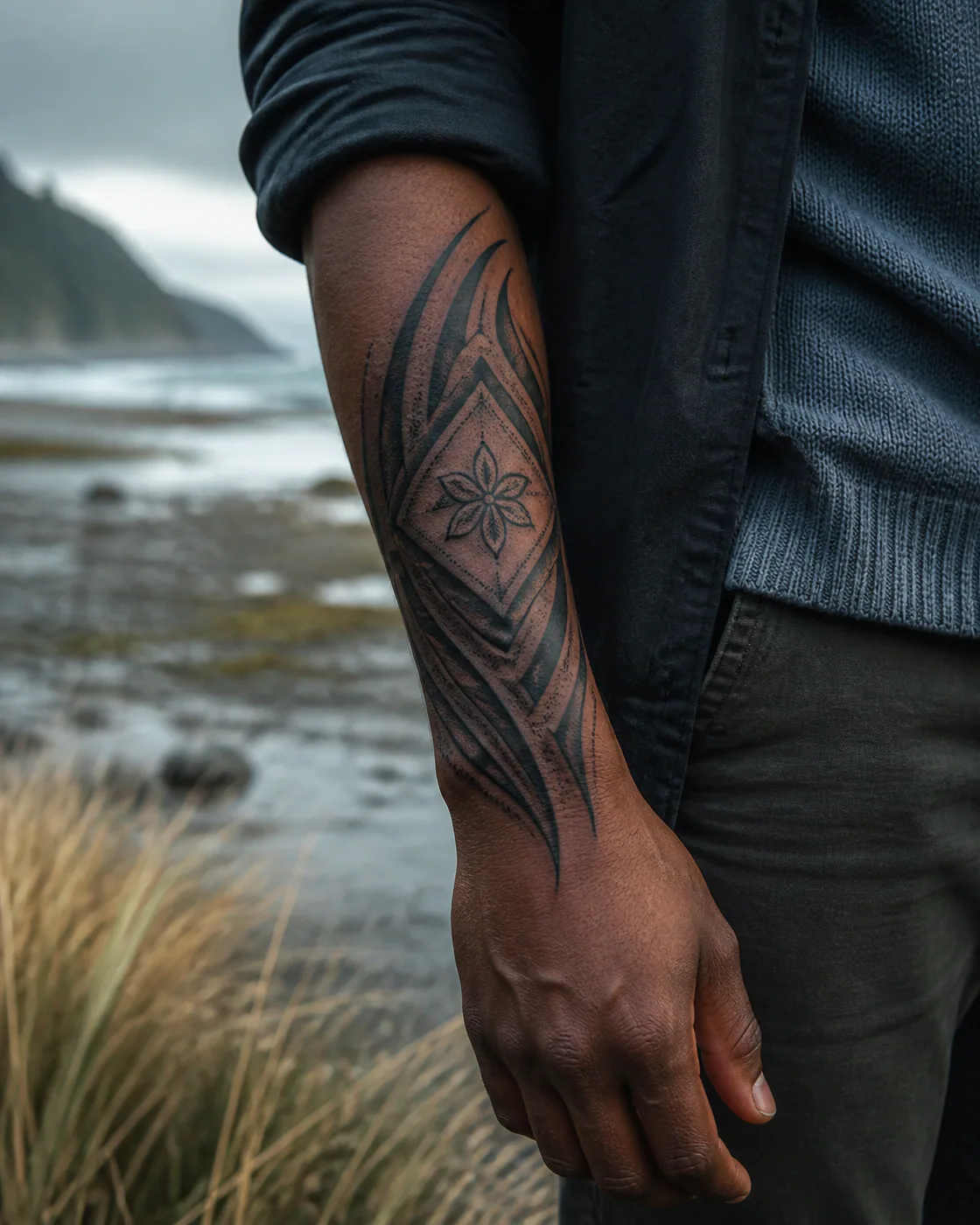 Tribal tattoo of a folded handkerchief carrying one embroidered flower shape executed as a healed cover-up on the forearm