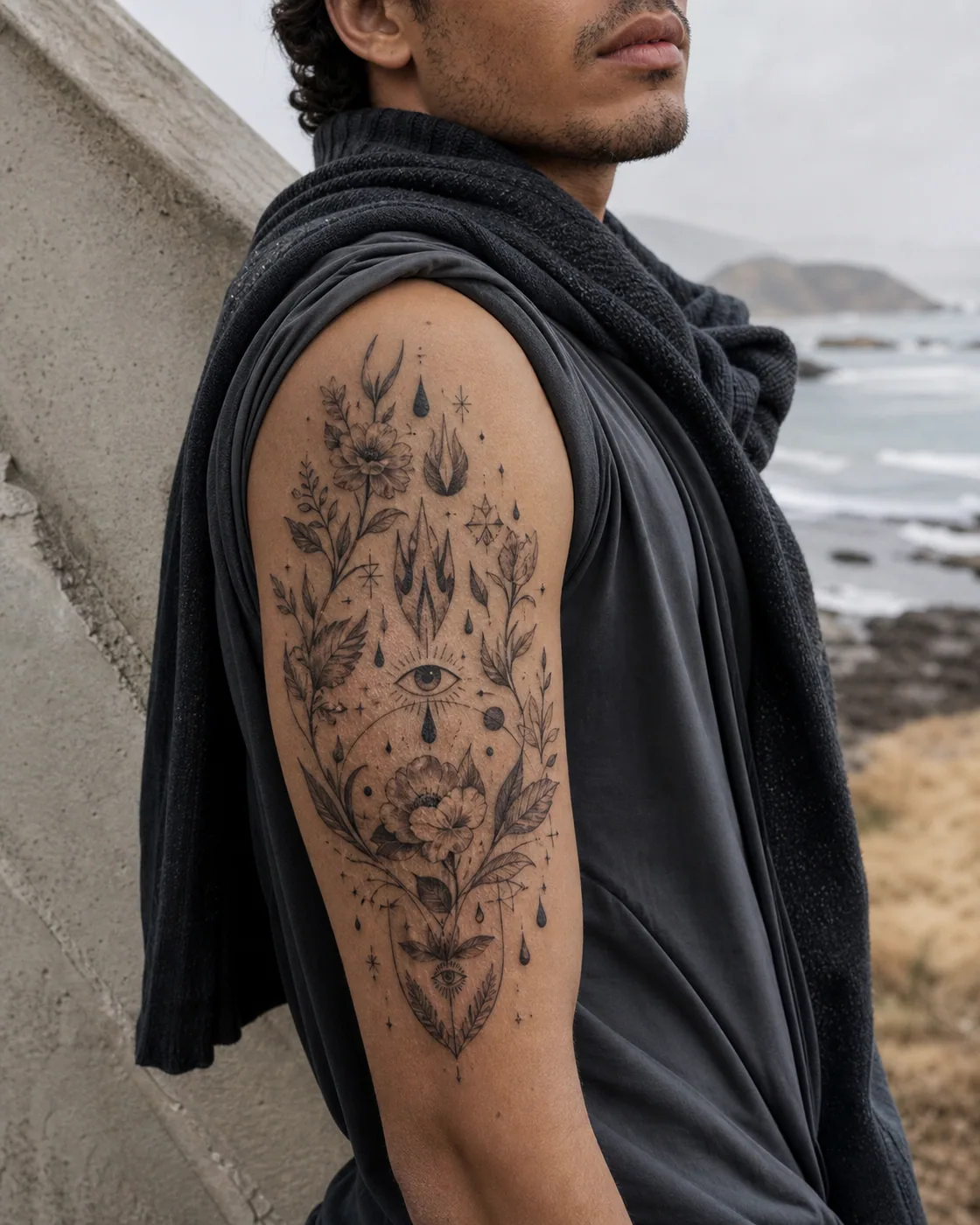 Floral tattoo of miniature flames, raindrops, eyes, and abstract protective shapes on the upper arm