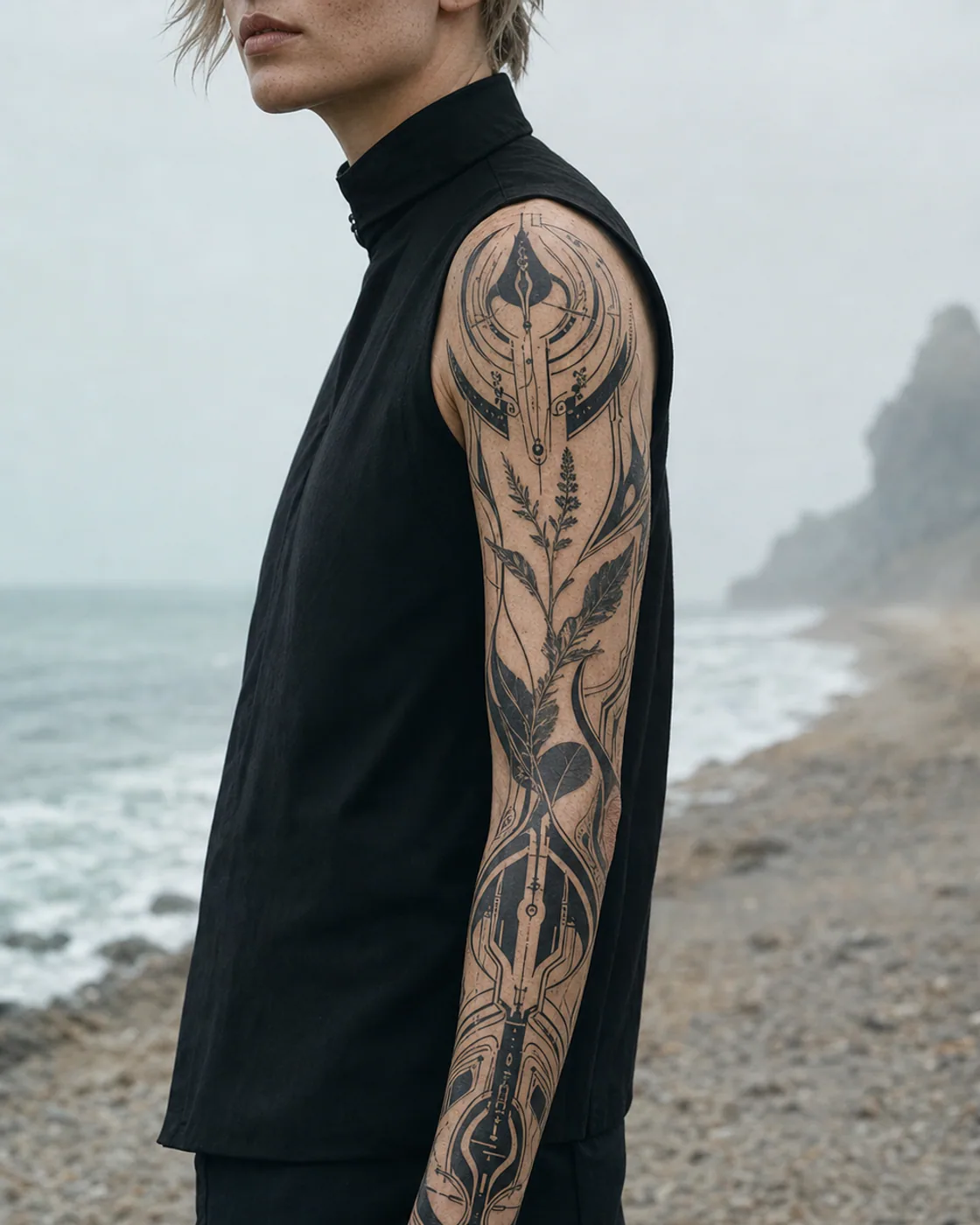 Cybersigilism tattoo of a sprig of sage crossing broad velvety mullein leaves on the full sleeve
