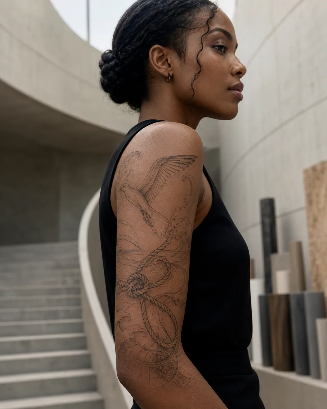 Fine Line tattoo of a rope knot opening into the silhouette of a flying gull on the half sleeve