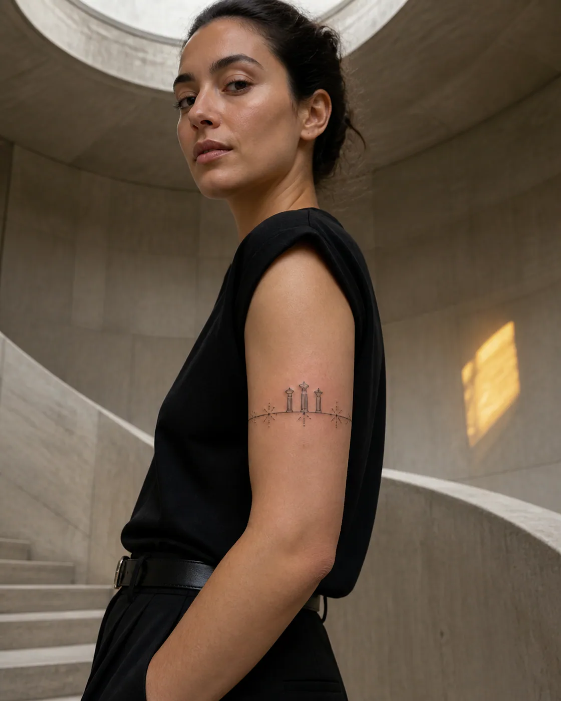 Minimalist tattoo of a trumpet valve study surrounded by rhythmic starbursts with a three-part family motif on the armband