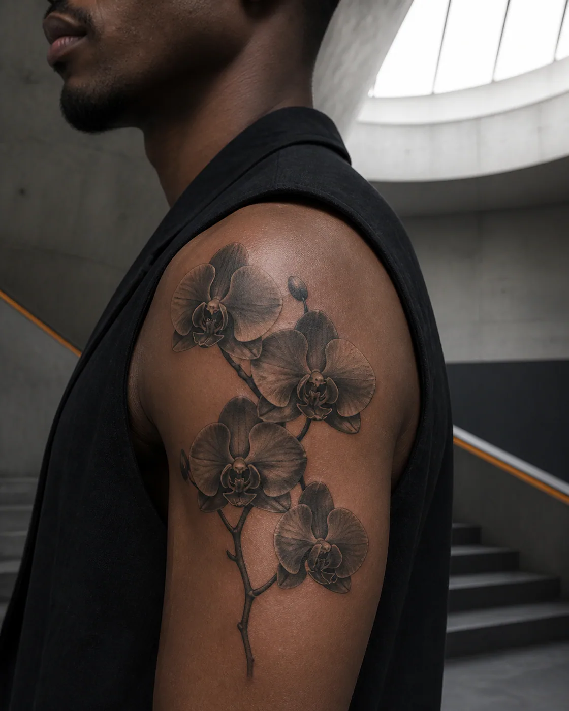 Black and Gray tattoo of a climbing orchid stem carrying four asymmetrical blooms on the shoulder cap