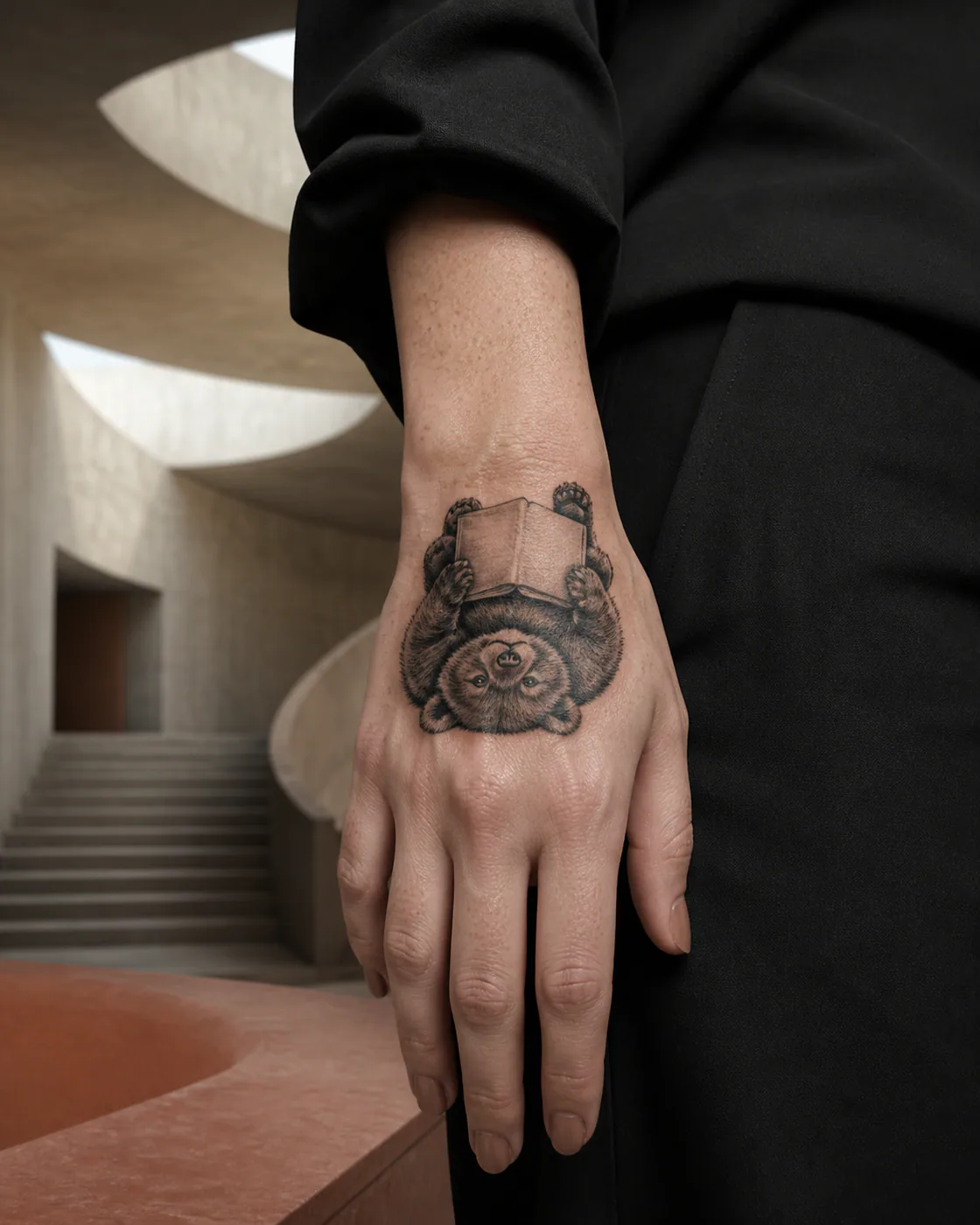 Realism tattoo of a bear cub reading an upside-down blank book on the back of hand