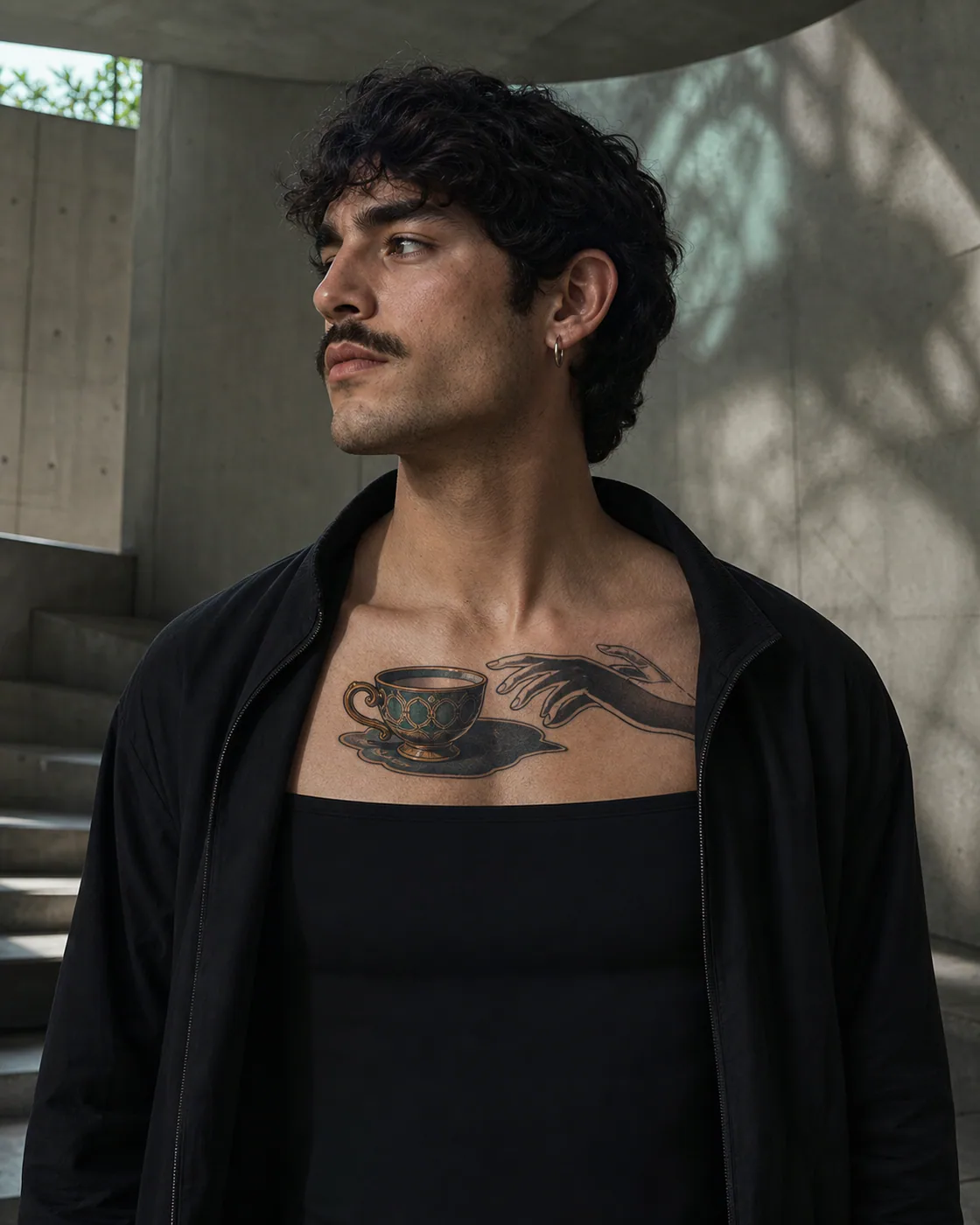Neo-Traditional tattoo of a teacup shadow joining the outline of an absent hand on the chest