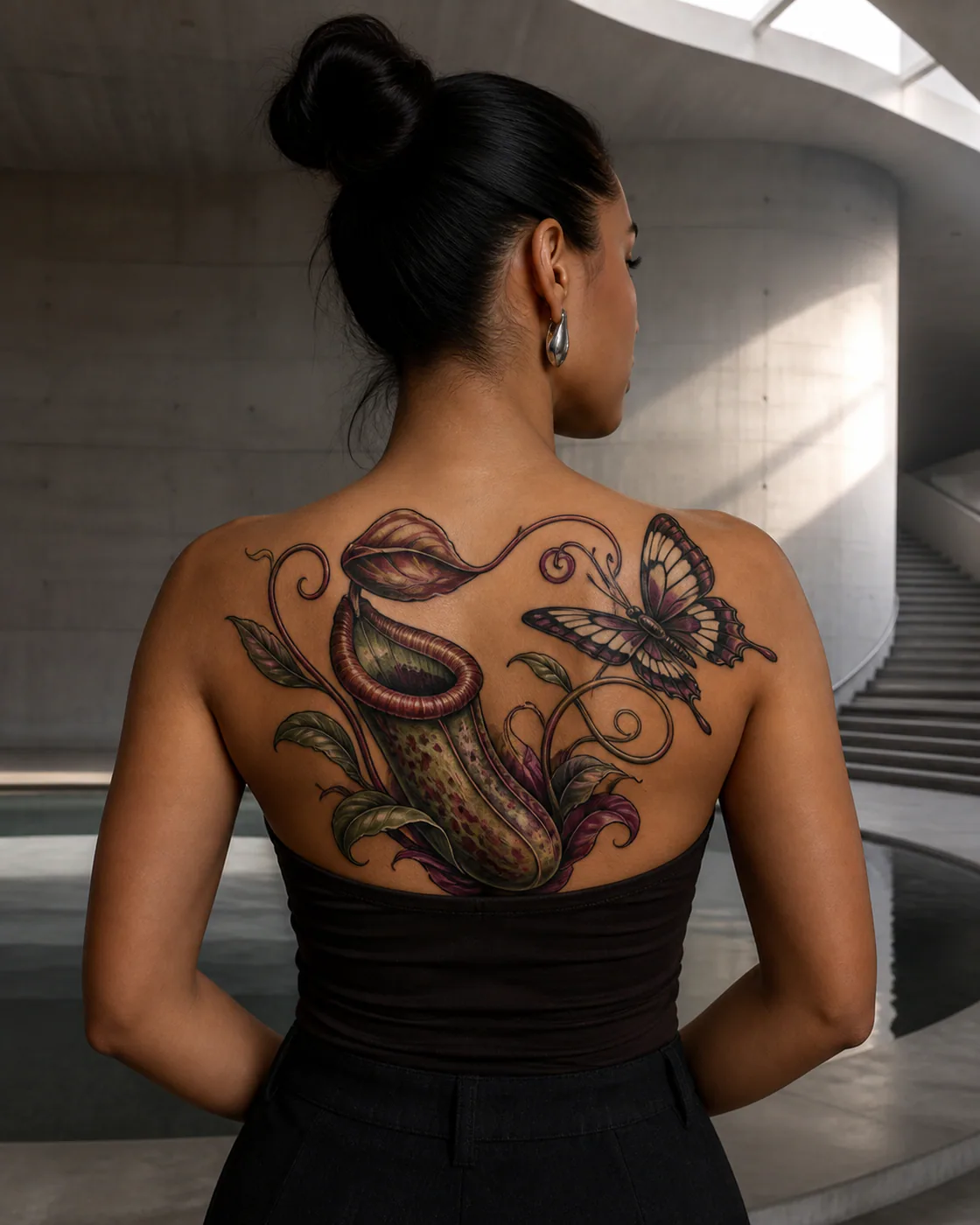 New School tattoo of a pitcher plant curving beneath a delicate tendril with an integrated butterfly on the upper back