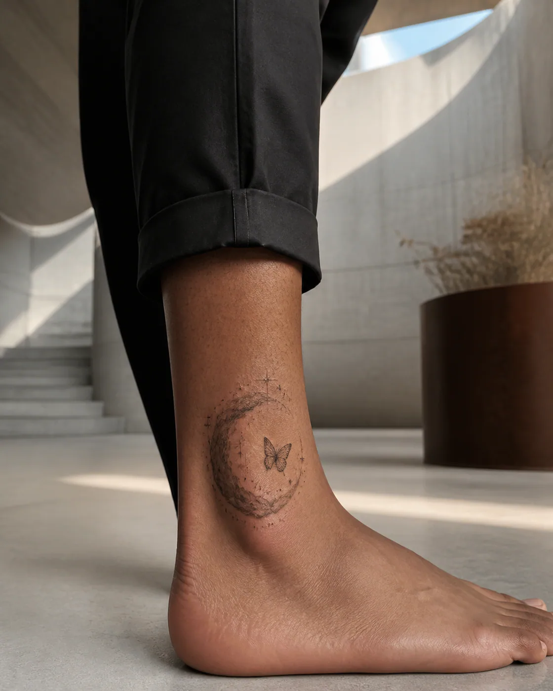 Illustrative tattoo of a crescent-shaped nebula surrounded by drifting starlight with an integrated butterfly on the ankle