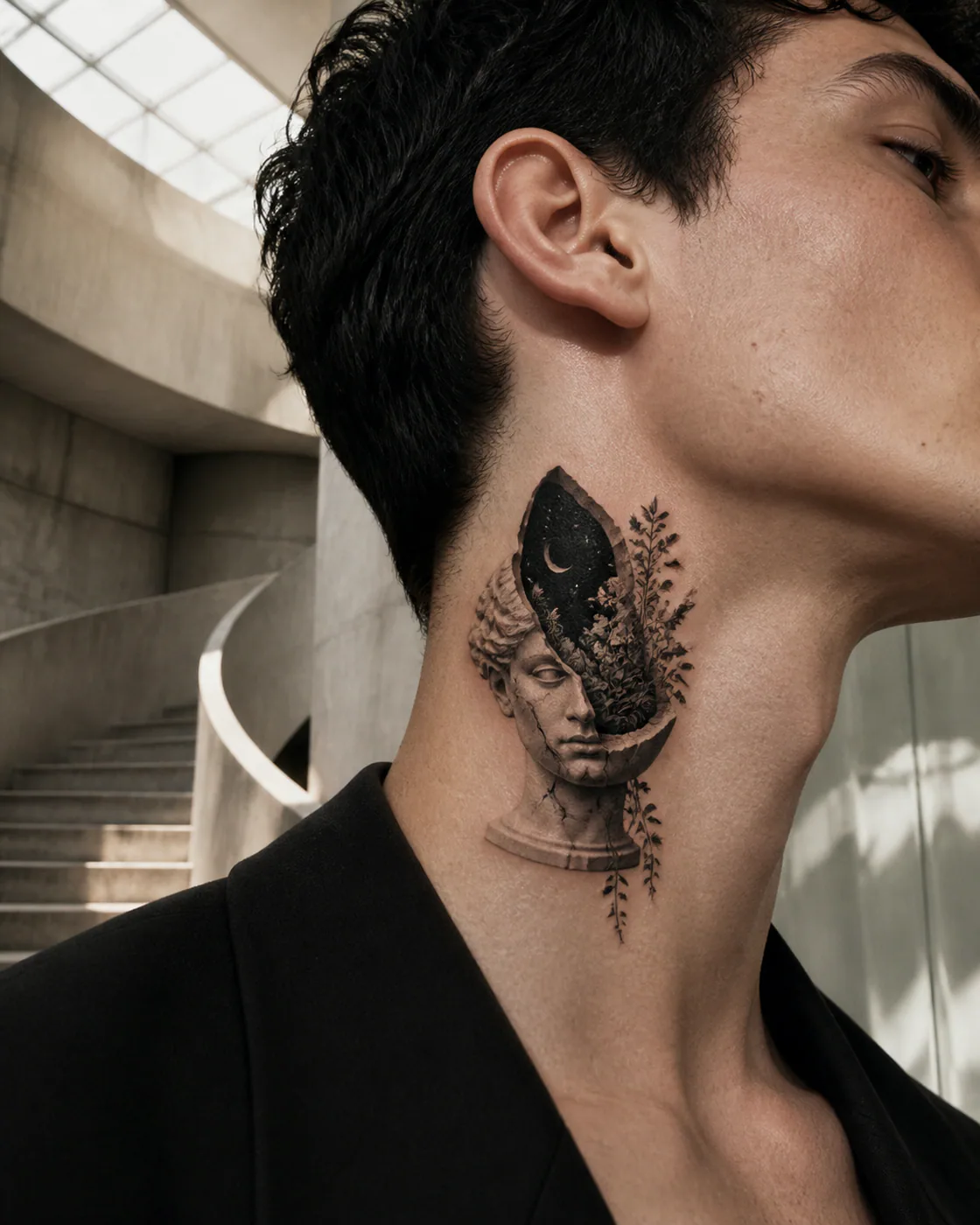 Surrealism tattoo of a stone bust opening to reveal a night garden on the side of neck