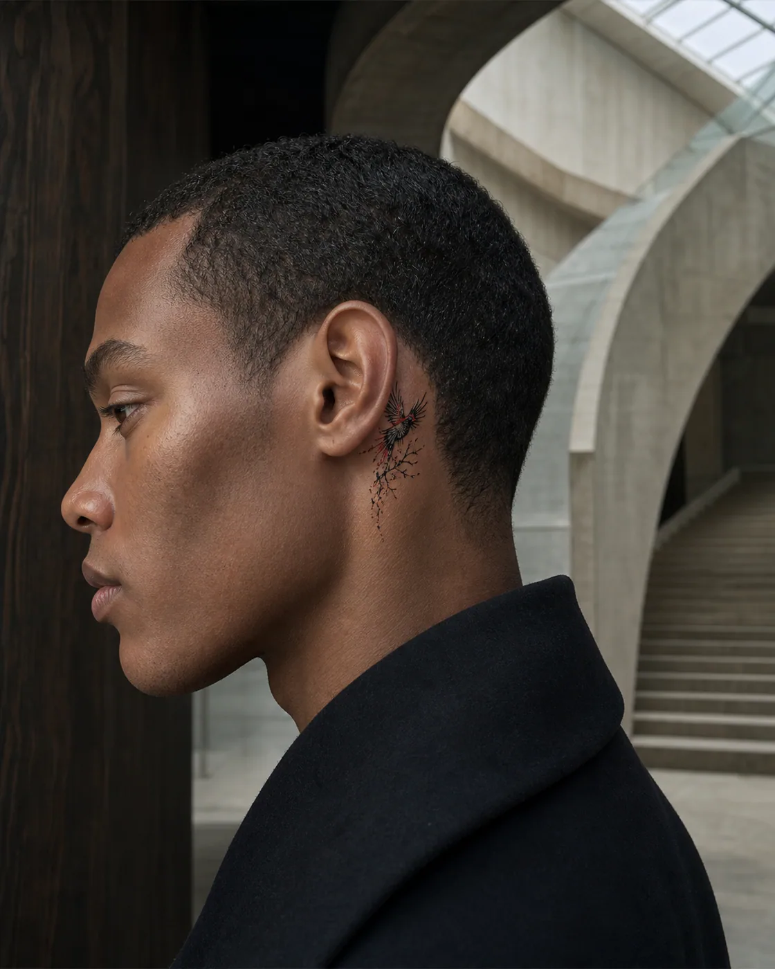 Trash Polka tattoo of a firebird opening a path through winter branches as a complementary couple tattoo pair on the behind the ear