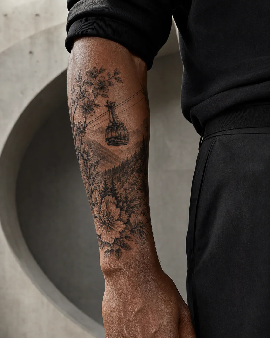 Floral tattoo of a cable car suspended above a forested valley as a complementary couple tattoo pair on the forearm