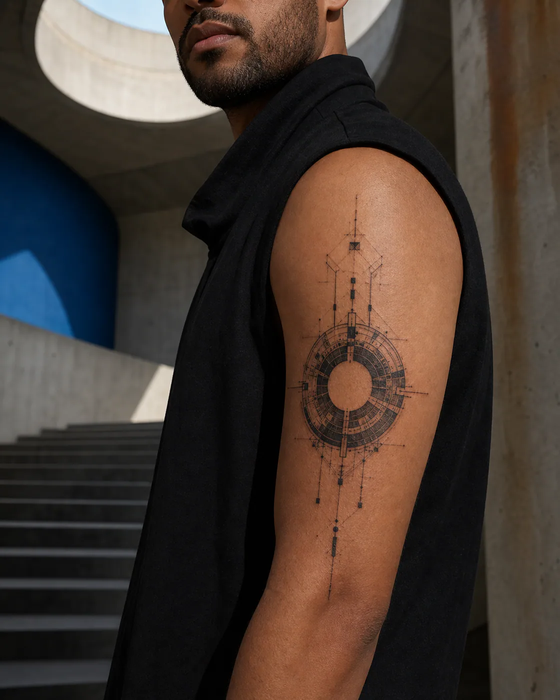 Cybersigilism tattoo of a fractured torus reconstructed with measured line bridges on the upper arm