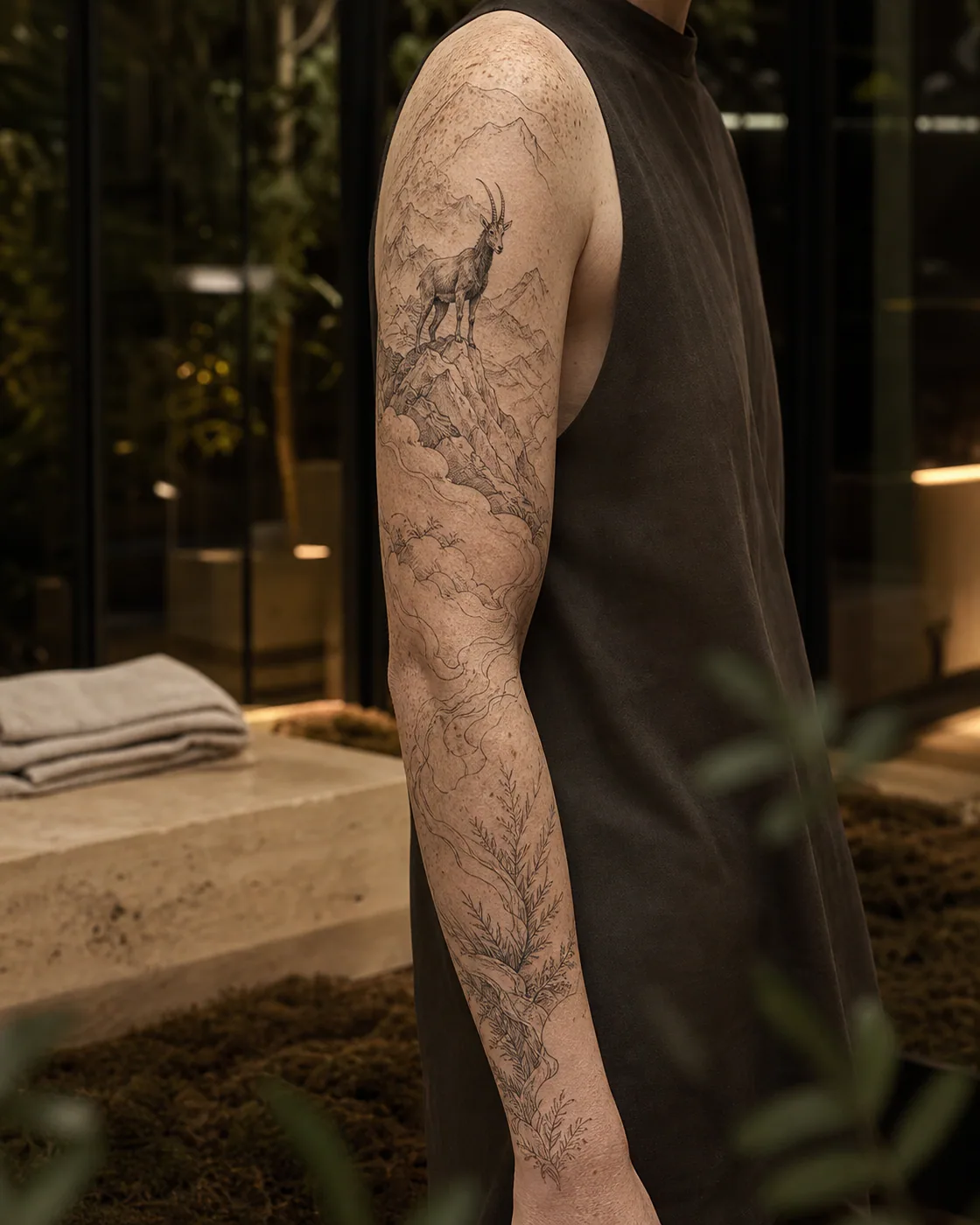 Fine Line tattoo of a mountain goat standing above wind-carved clouds on the full sleeve