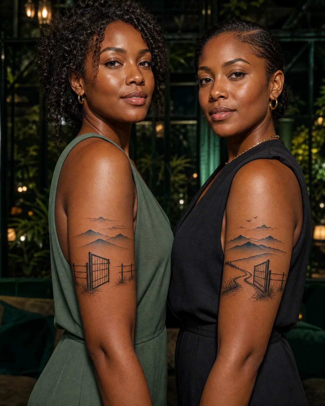 Minimalist tattoo of a ranch gate opening toward distant blue mountains as a complementary couple tattoo pair on the half sleeve