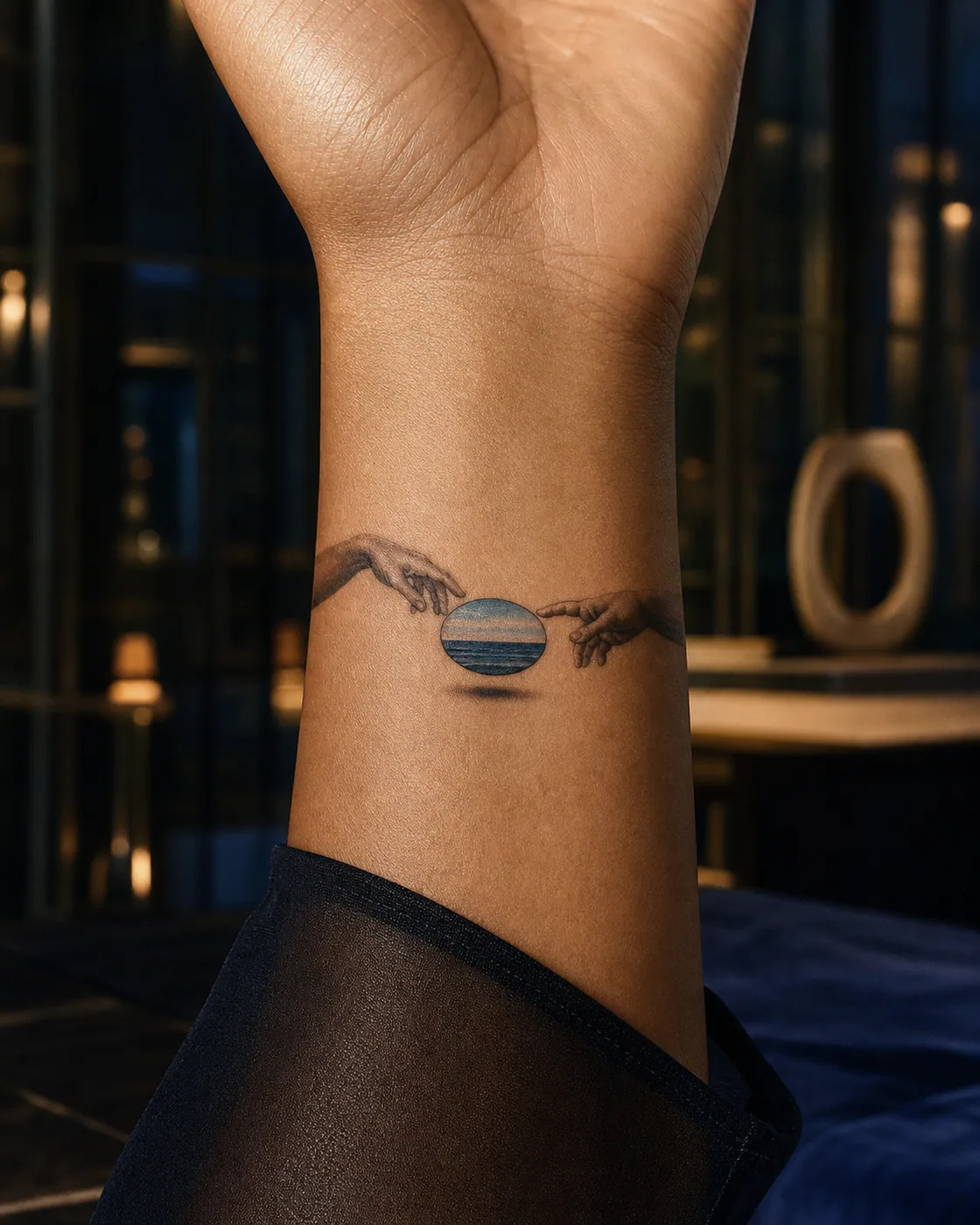 Realism tattoo of two hands exchanging a small floating horizon on the wrist