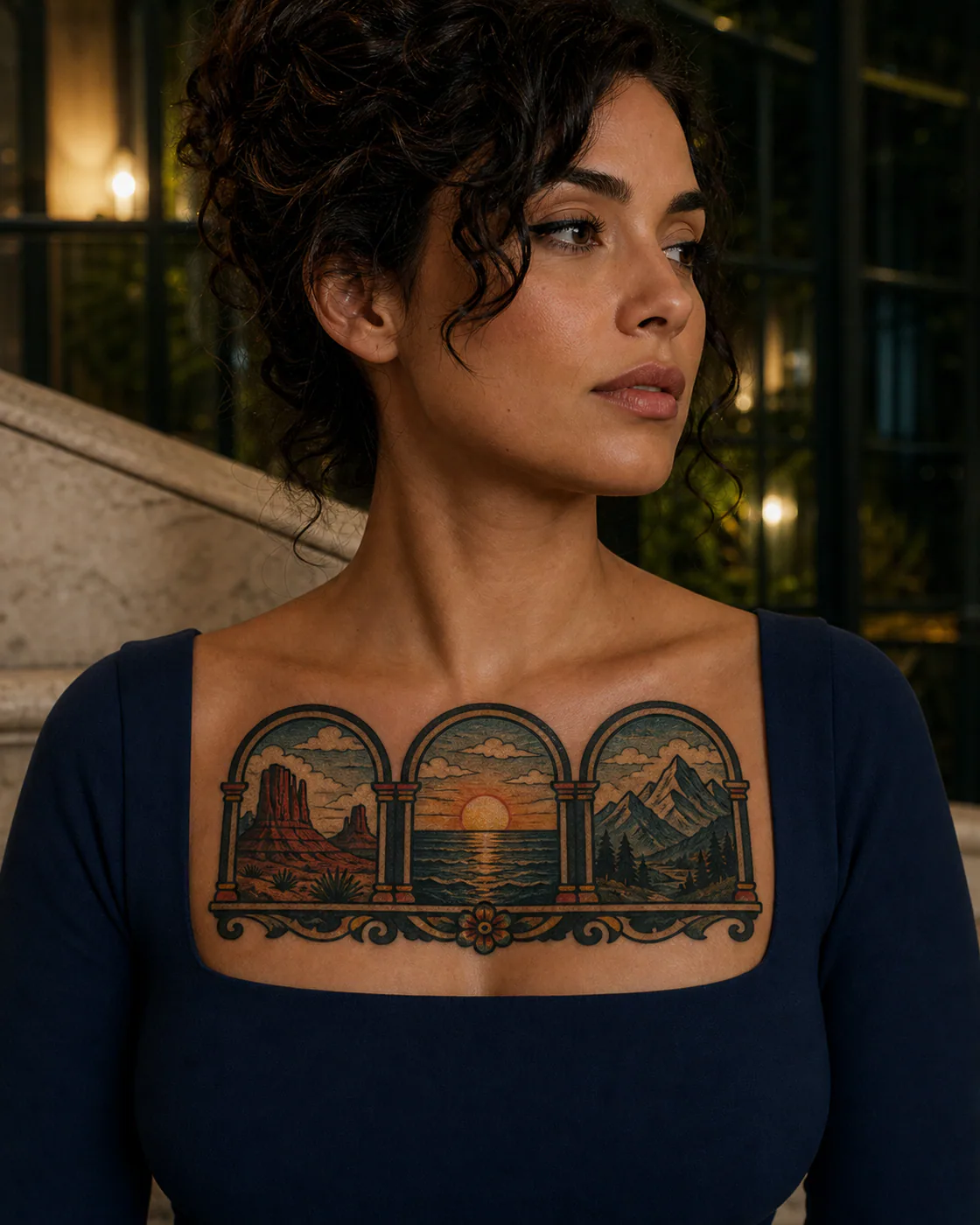 American Traditional tattoo of a row of arched windows framing changing horizons on the chest
