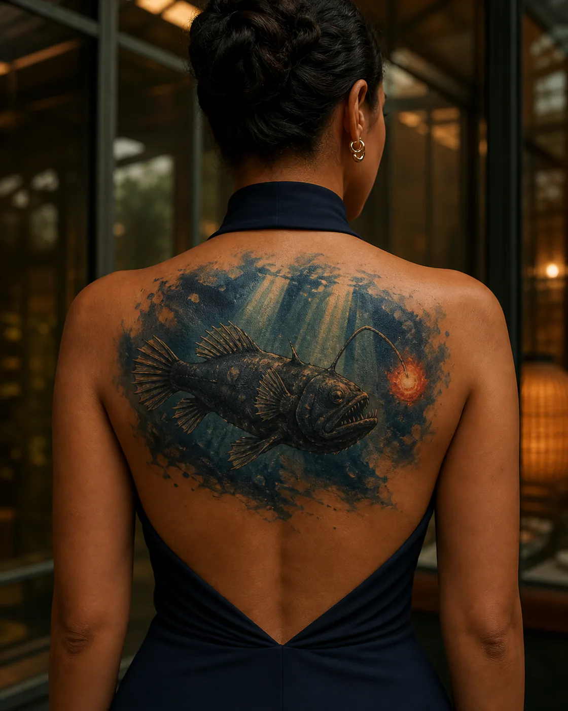 Watercolor tattoo of a deep-sea angler framed by descending shafts of light on the upper back