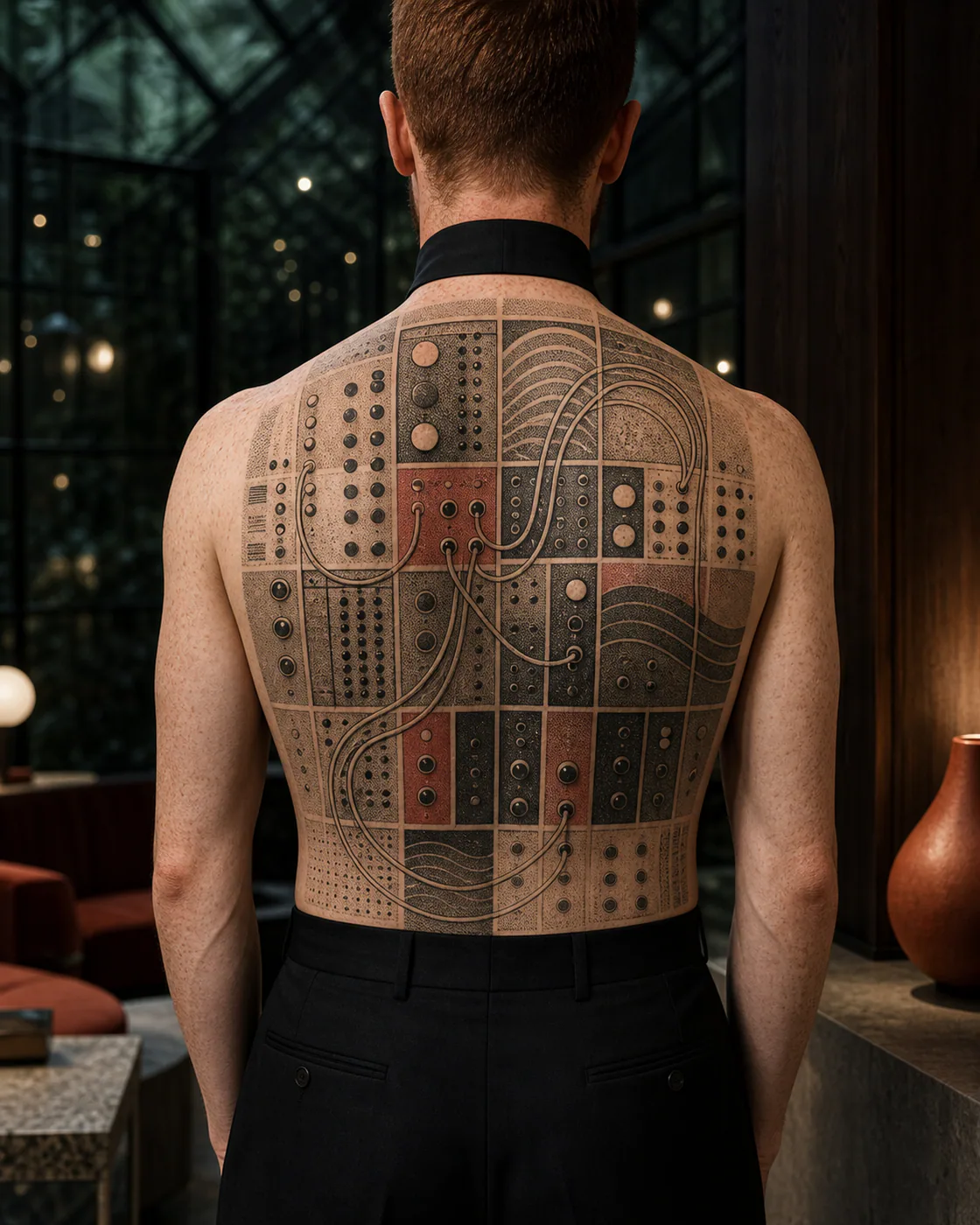 Dotwork tattoo of a modular synthesizer patch translated without labels into color blocks on the full back