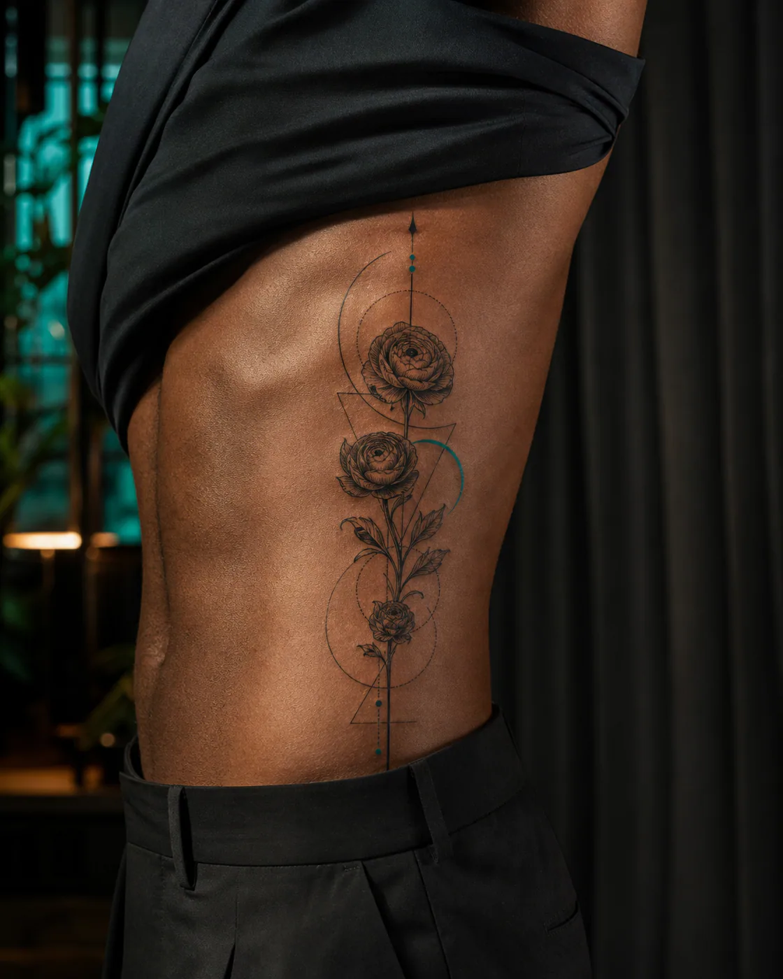 Geometric tattoo of ranunculus flowers gathered with curling young leaves on the side ribs
