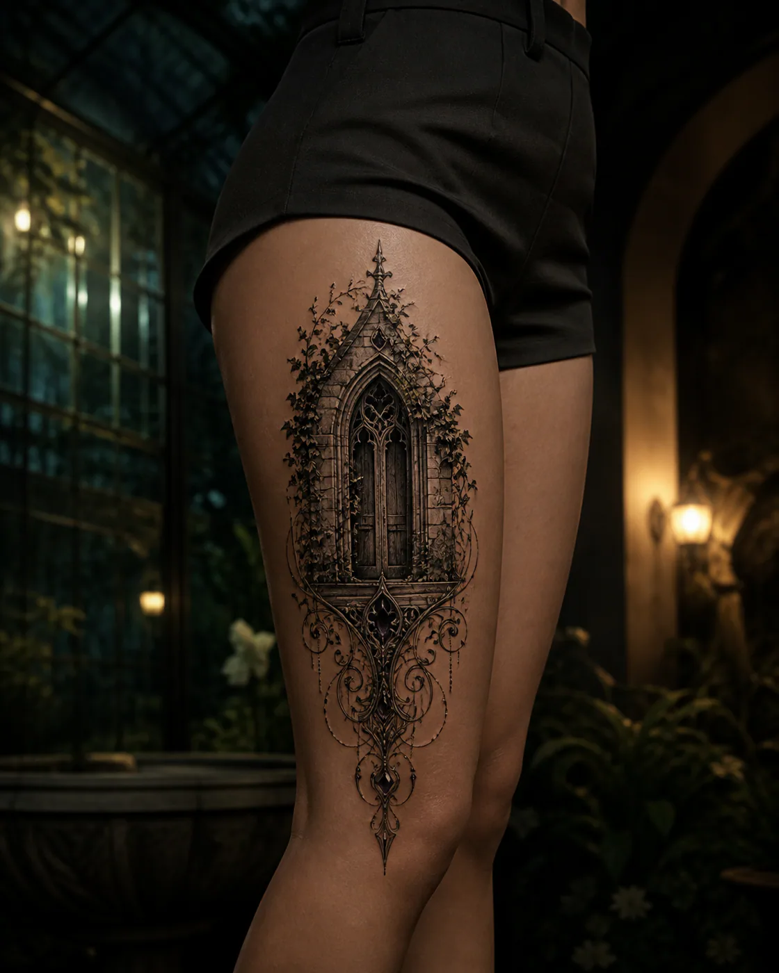 Ornamental tattoo of an abandoned chapel door tangled in climbing ivy on the outer thigh