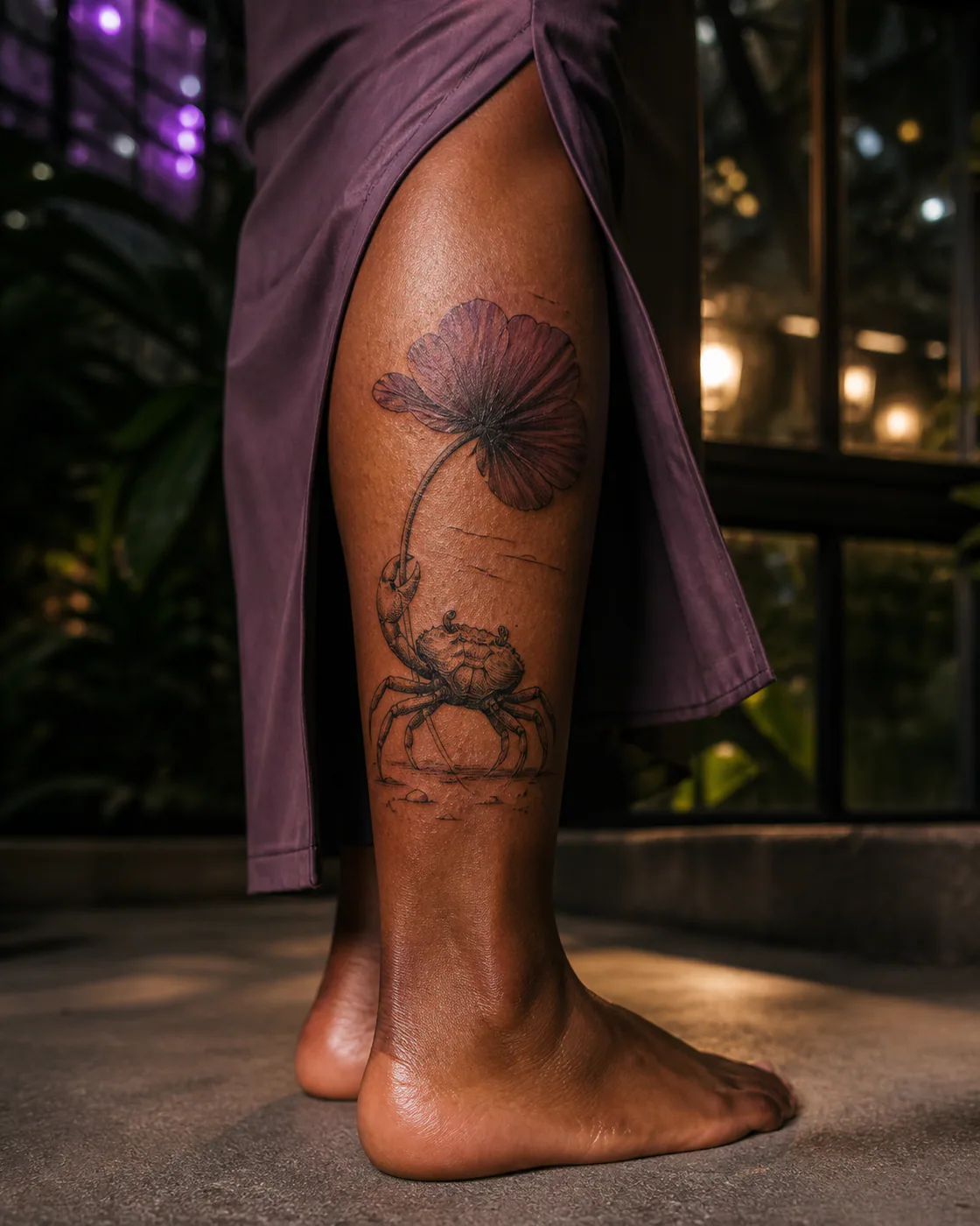 Illustrative tattoo of a crab marching sideways with a flower parasol on the calf