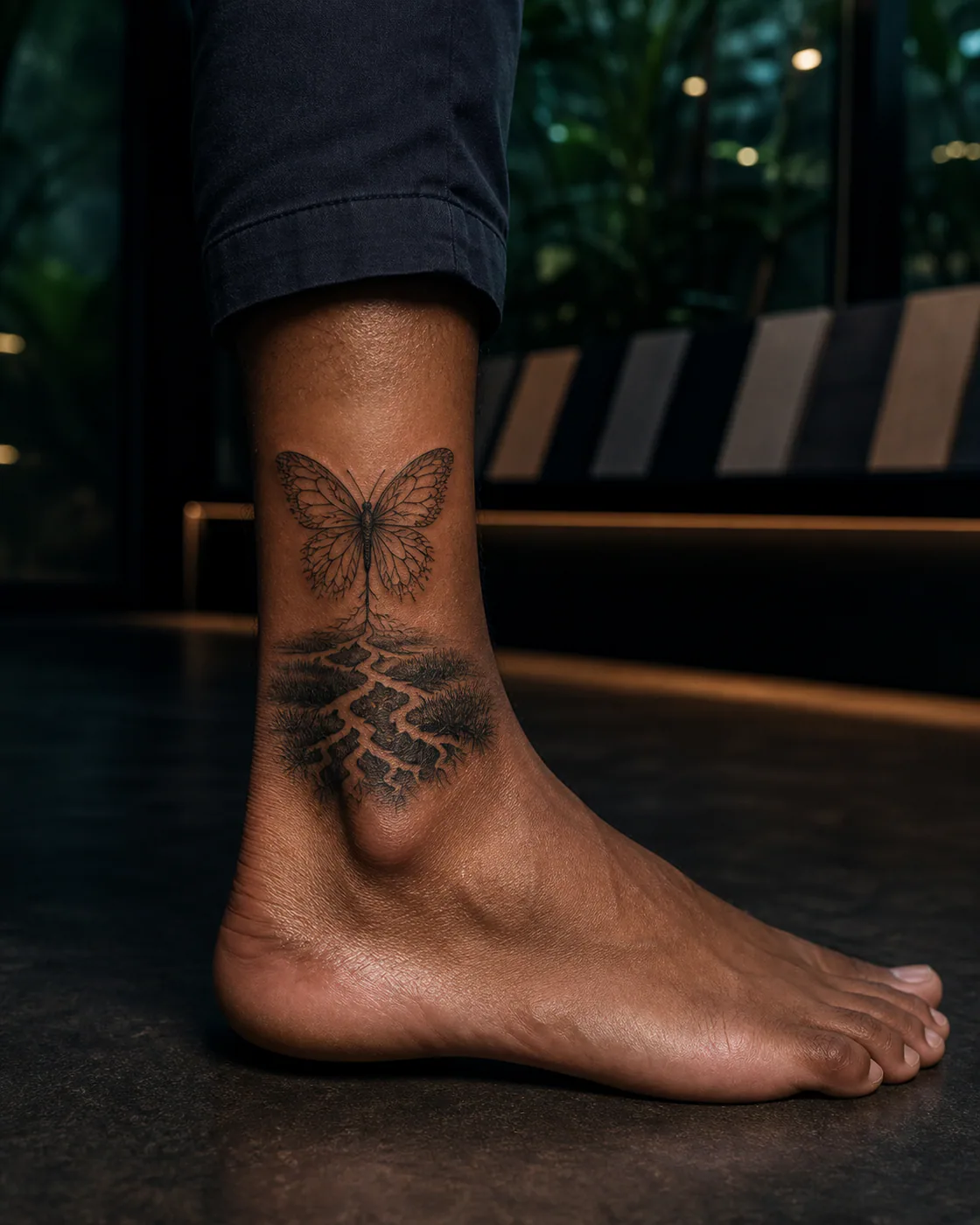 Surrealism tattoo of a river delta branching through dark wetland grasses with an integrated butterfly on the ankle