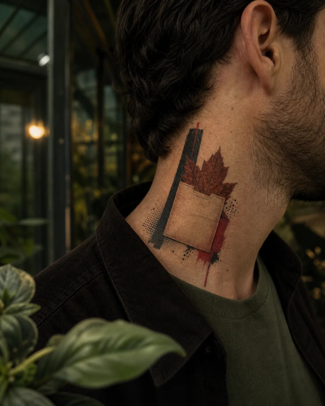Trash Polka tattoo of a library card pocket holding a dried maple leaf on the side of neck