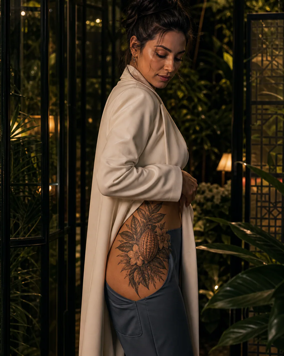 Floral tattoo of a cacao pod surrounded by ribbed tropical foliage executed as a healed cover-up on the hip