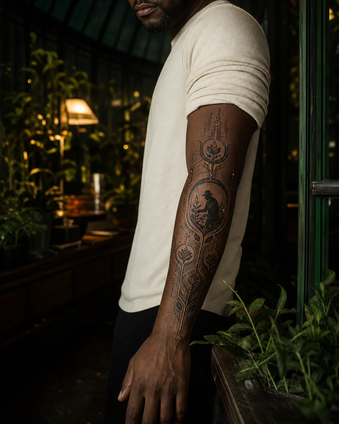 Cybersigilism tattoo of an anonymous gardener framed by climbing stems with a three-part family motif on the forearm