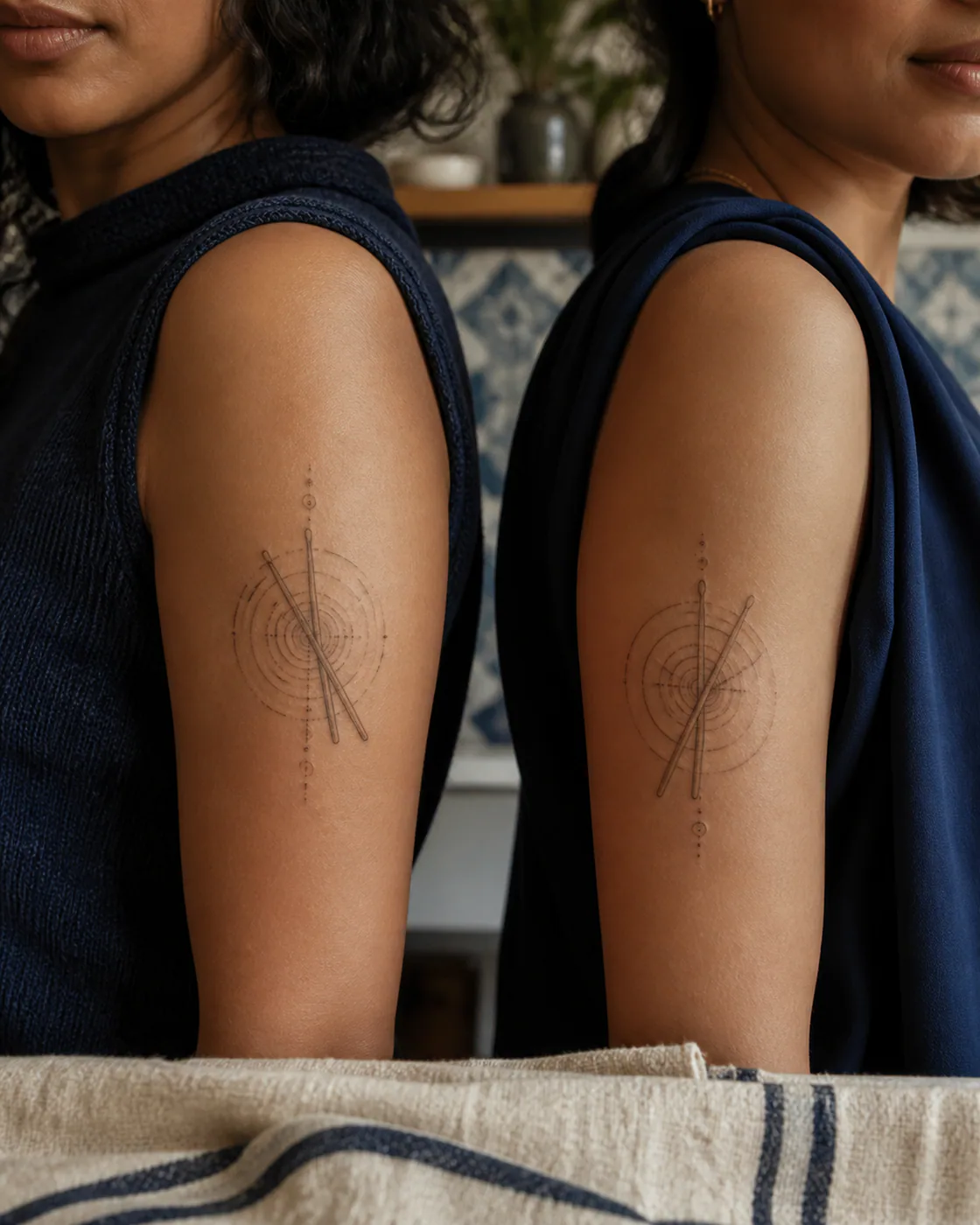 Fine Line tattoo of a pair of drumsticks crossing concentric impact waves as a complementary couple tattoo pair on the upper arm
