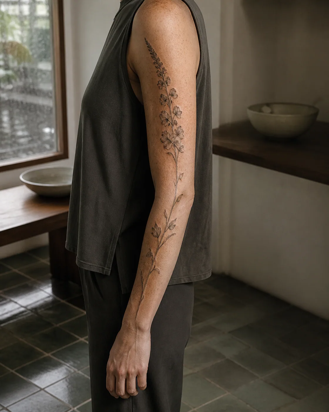 Minimalist tattoo of a tall snapdragon spike bending through a soft diagonal on the full sleeve
