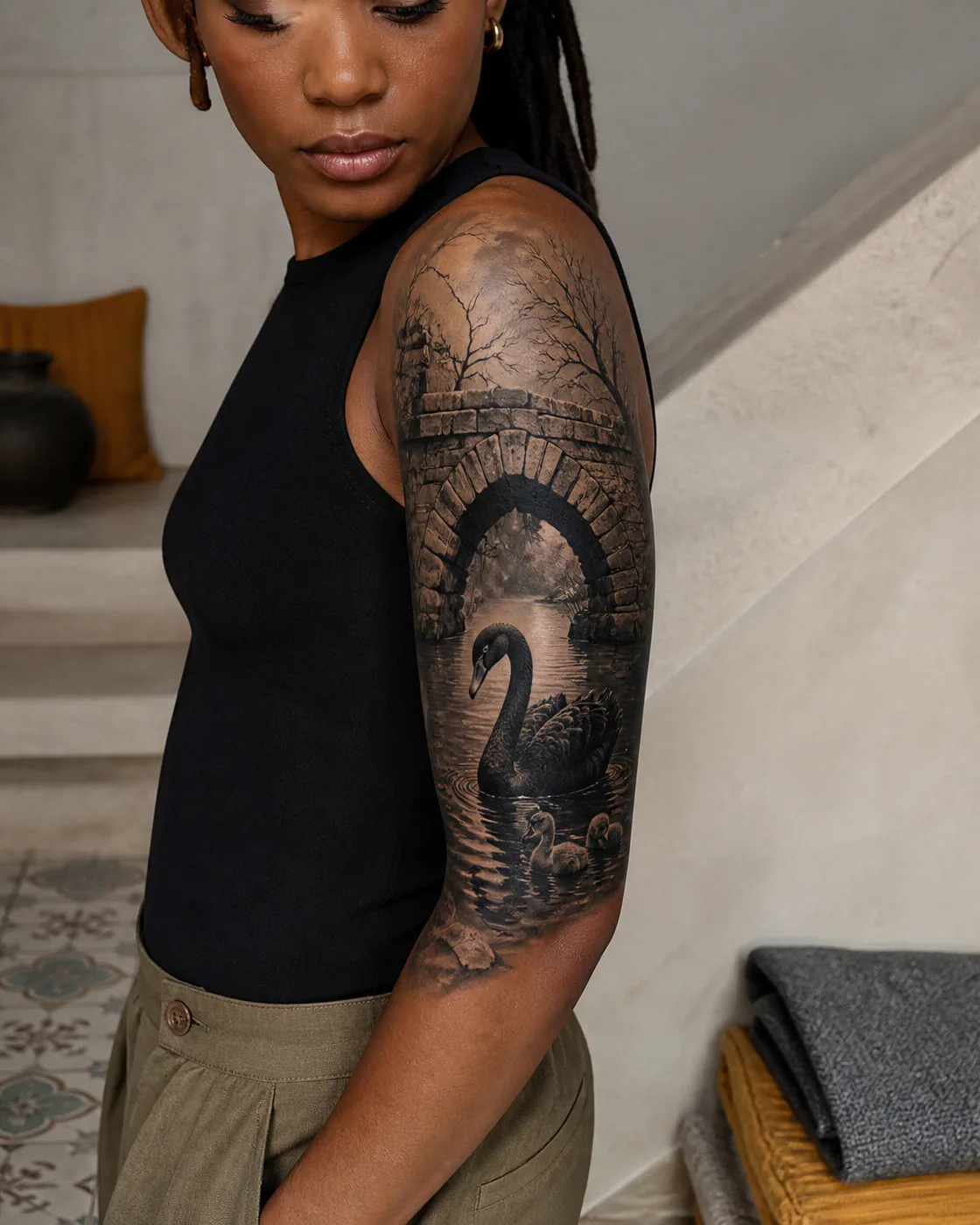 Black and Gray tattoo of a black swan passing beneath a broken stone bridge with a three-part family motif on the half sleeve