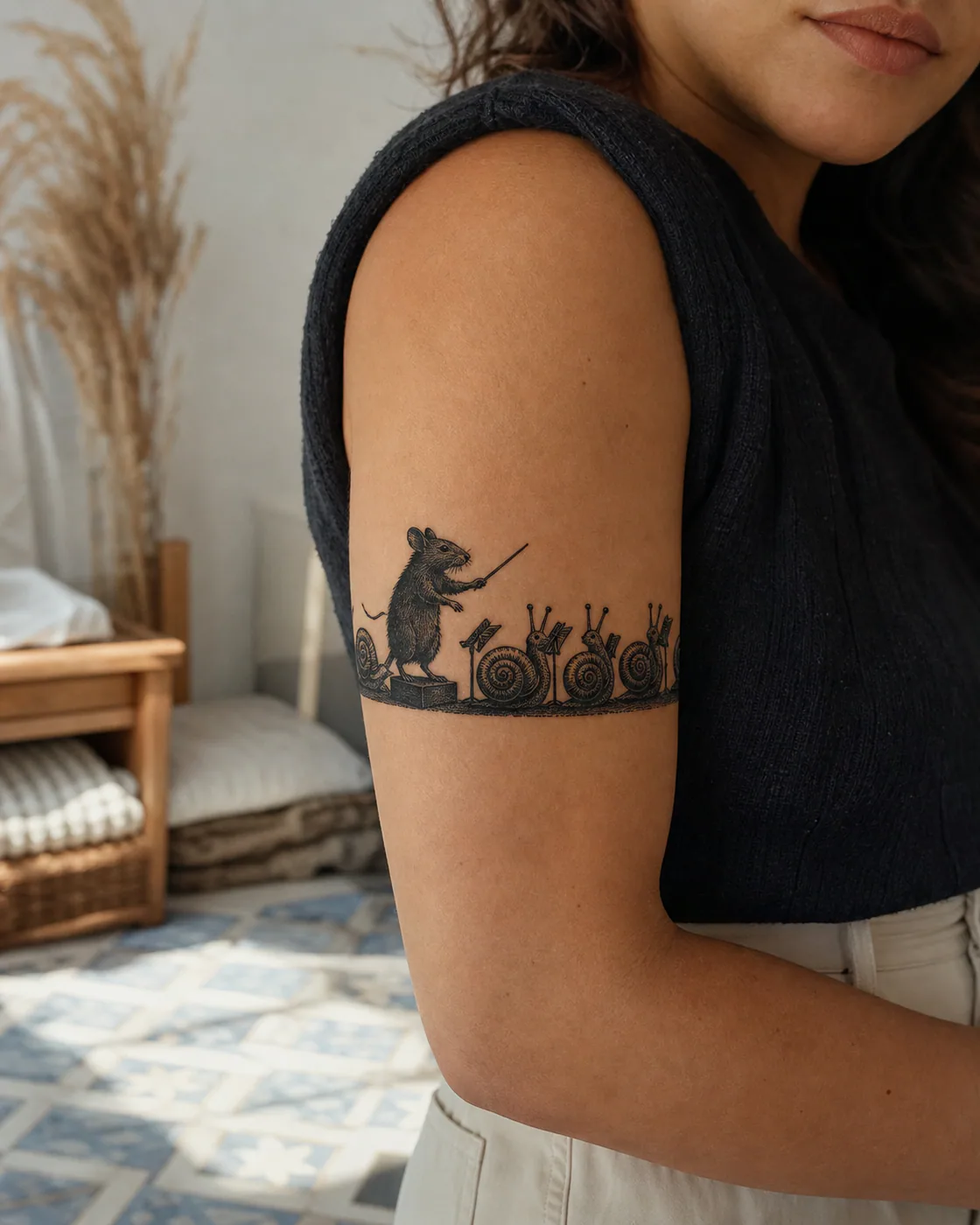 Blackwork tattoo of a mouse conducting a chorus of garden snails on the armband