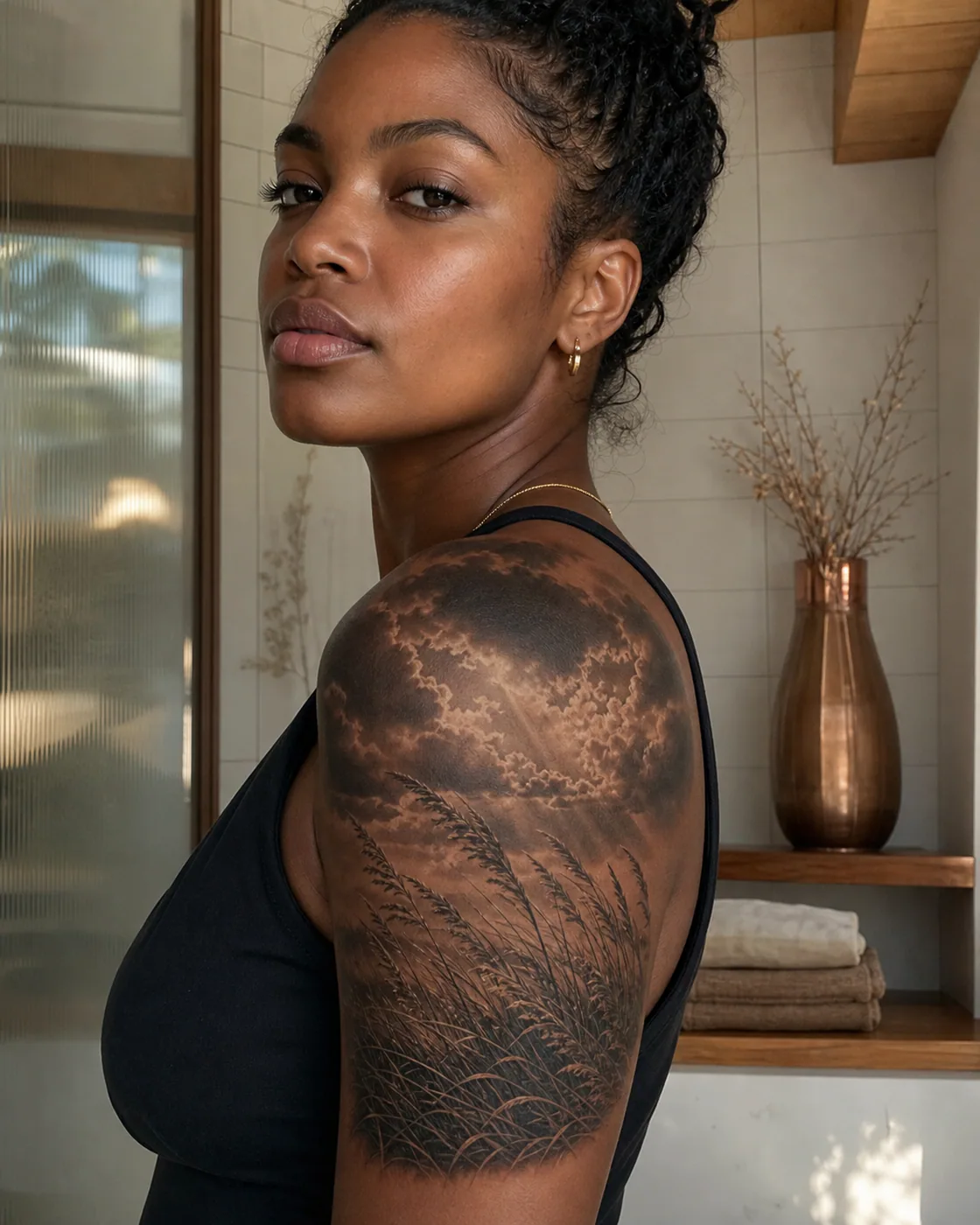 Realism tattoo of a field of tall sunlit grass bending before a storm on the shoulder cap
