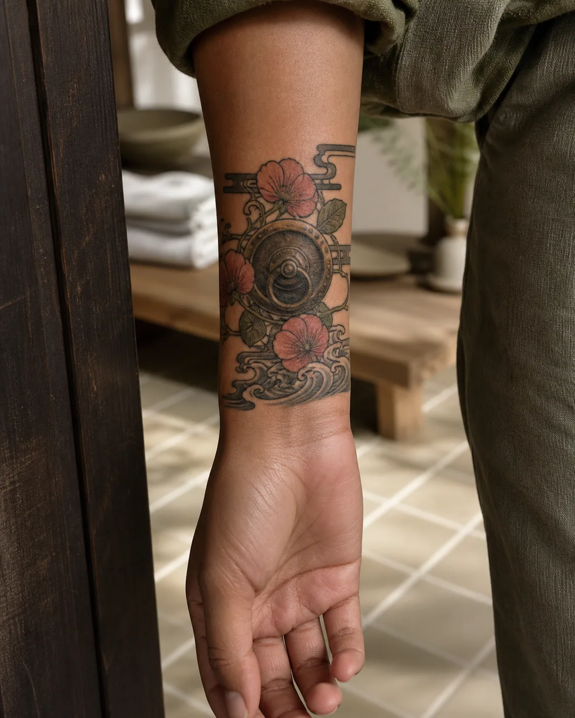 Japanese tattoo of a weathered door handle framed by climbing sweet peas with a three-part family motif on the wrist
