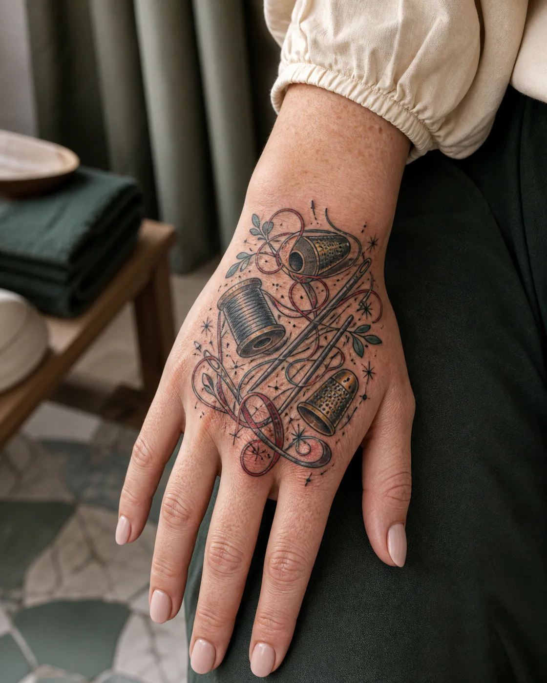 Neo-Traditional tattoo of a scattered toolkit of needles without points, thread loops, and thimbles on the back of hand