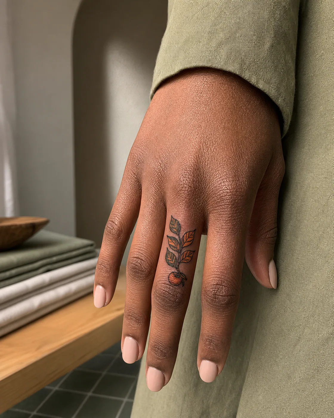 American Traditional tattoo of a branch of persimmon leaves turning through autumn color on the finger