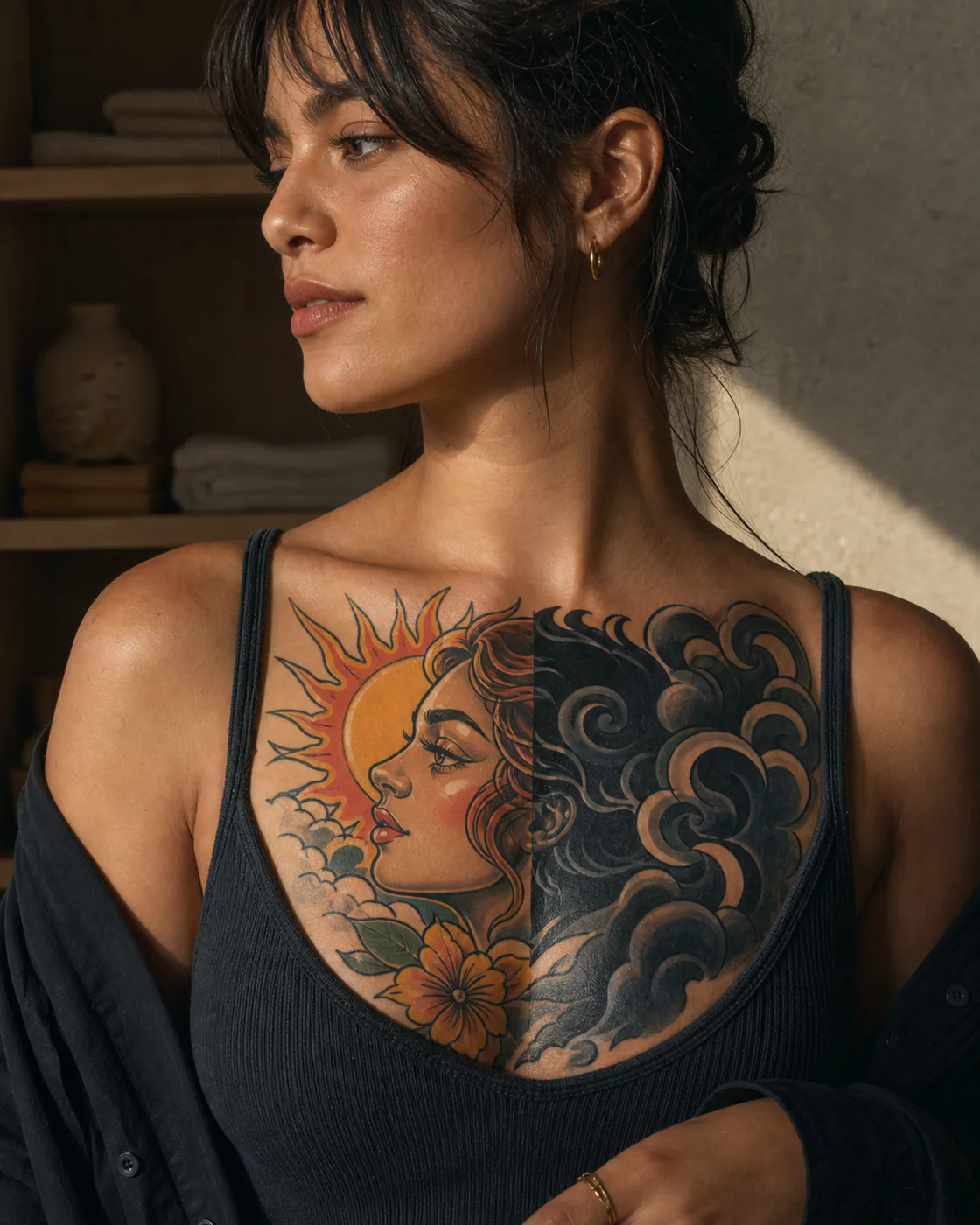 New School tattoo of a side profile divided between daylight and deep shadow on the chest