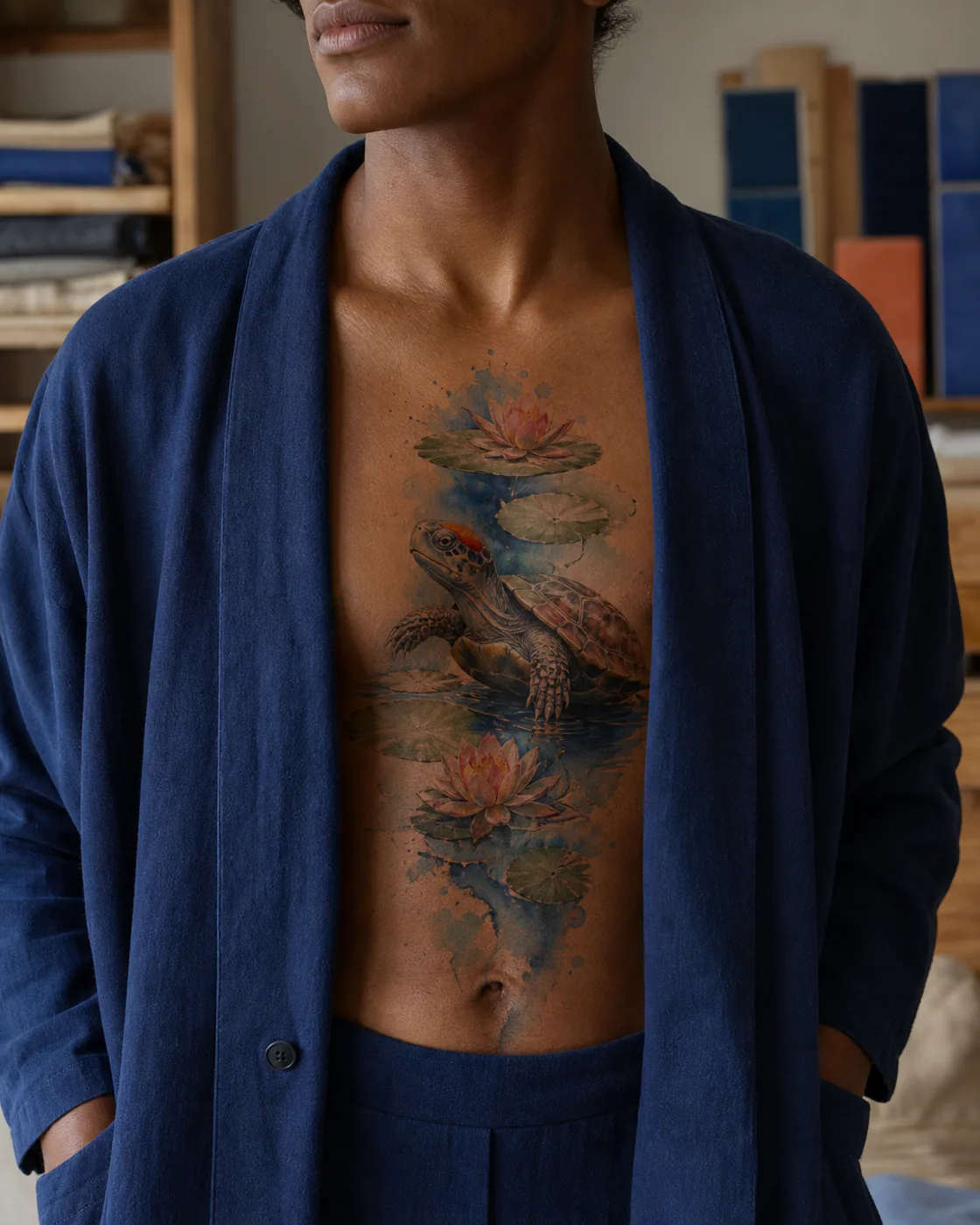 Watercolor tattoo of a red-crowned turtle resting beneath water lilies on the sternum