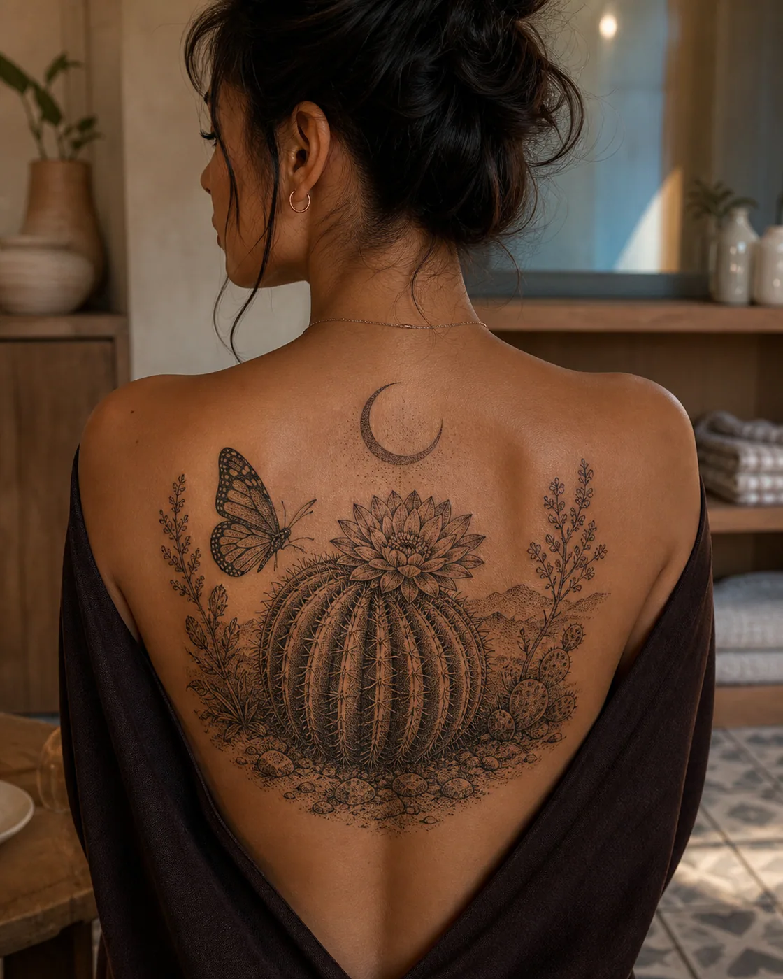 Dotwork tattoo of a barrel cactus flowering beneath a thin morning moon with an integrated butterfly on the upper back