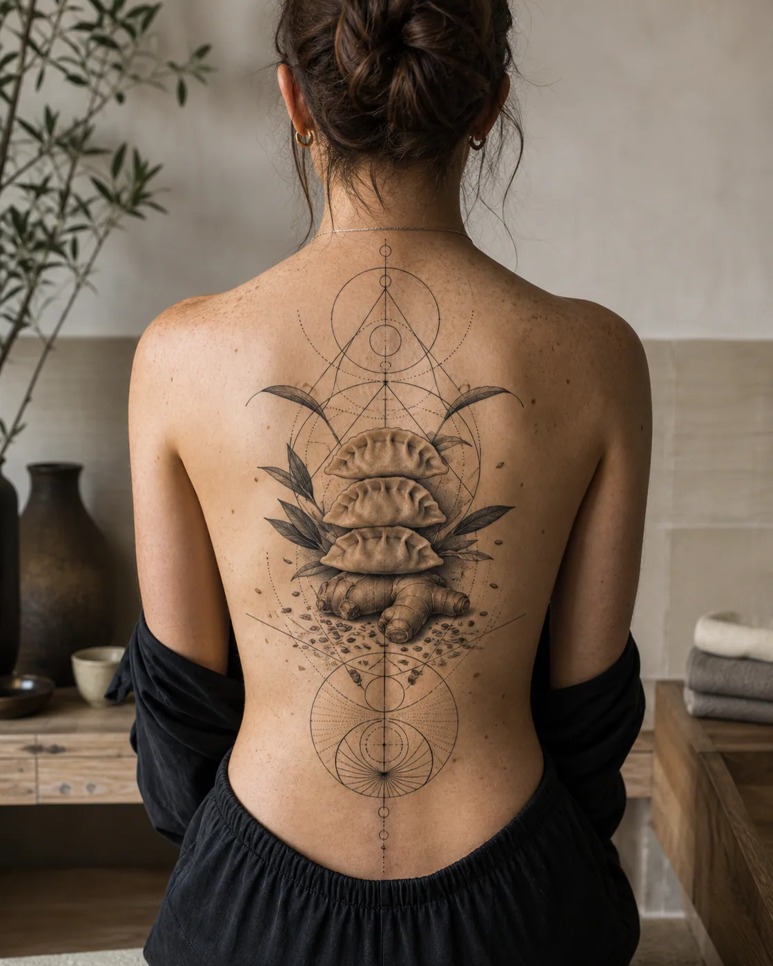 Geometric tattoo of a stack of dumplings arranged with ginger and sesame leaves on the full back