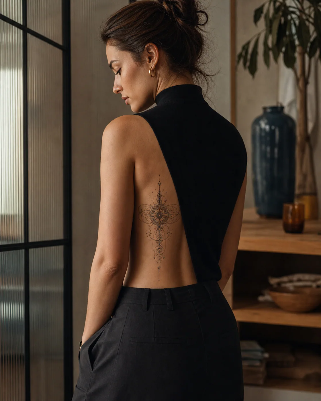 Ornamental tattoo of a celestial compass built from light rays and orbit rings executed as a healed cover-up on the side ribs